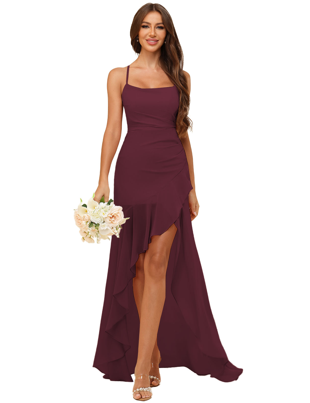 A-line Strapless Chiffon High Low Ruffles Bridesmaid Dress #BM2507148