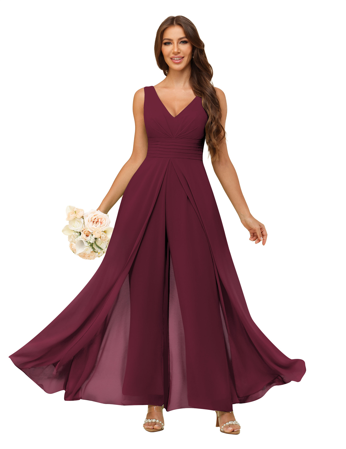 A-line V-neck Chiffon Straps V-back Bridesmaid Dress #PR2507216