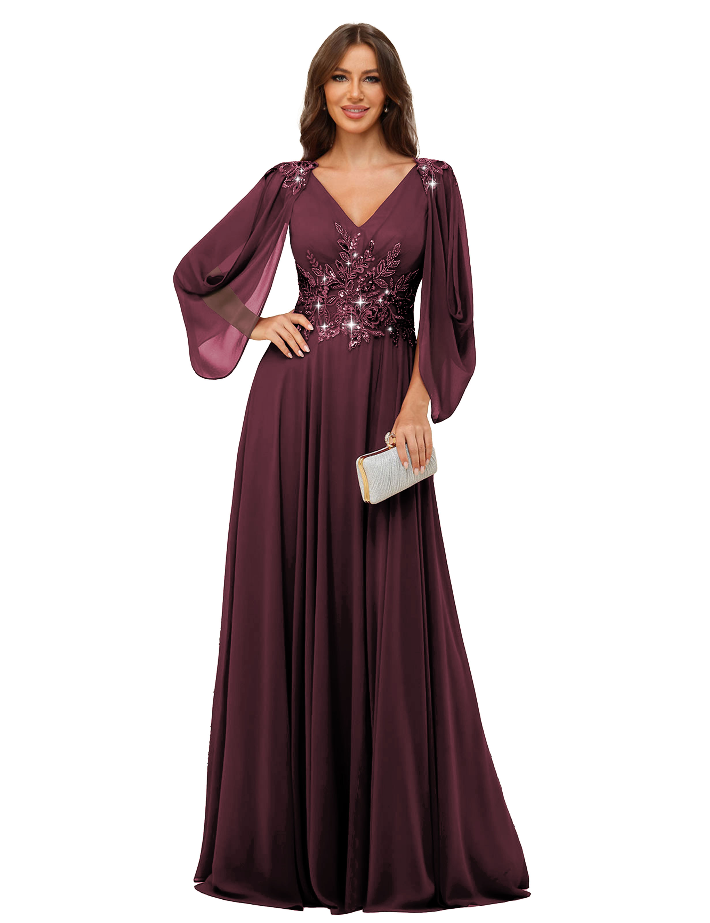 A-line V-neck Chiffon V-back Long Sleeves Mother of The Bride Dress #BM2501034