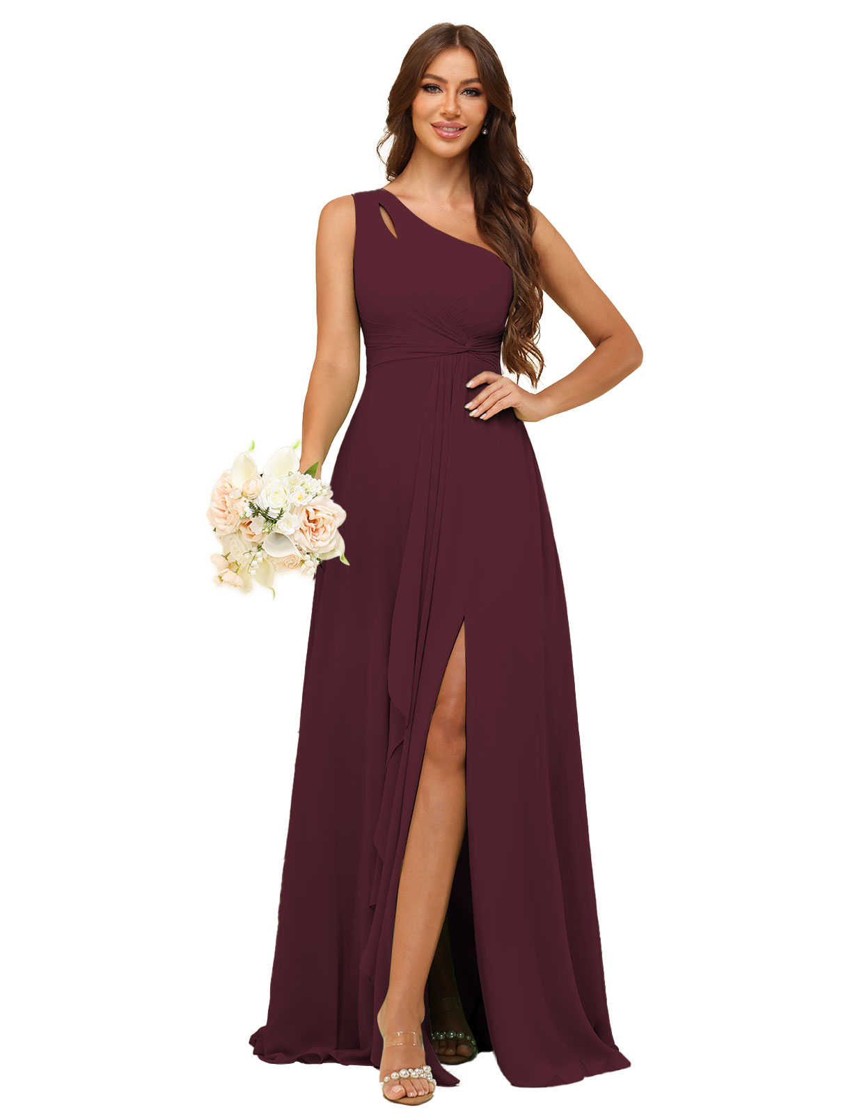 A-line One Shoulder Chiffon Silt Bridesmaid Dress #BM2507131