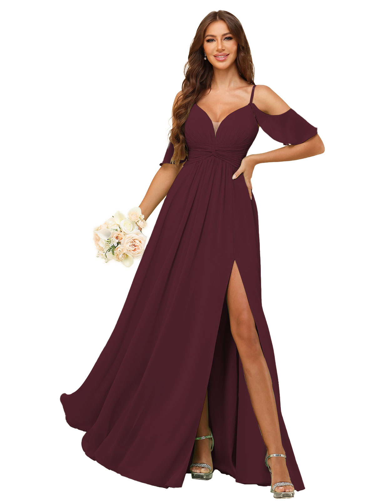 A-line Deep V-neck Spaghetti Straps Chiffon Silt Bridesmaid Dress #BM2507134