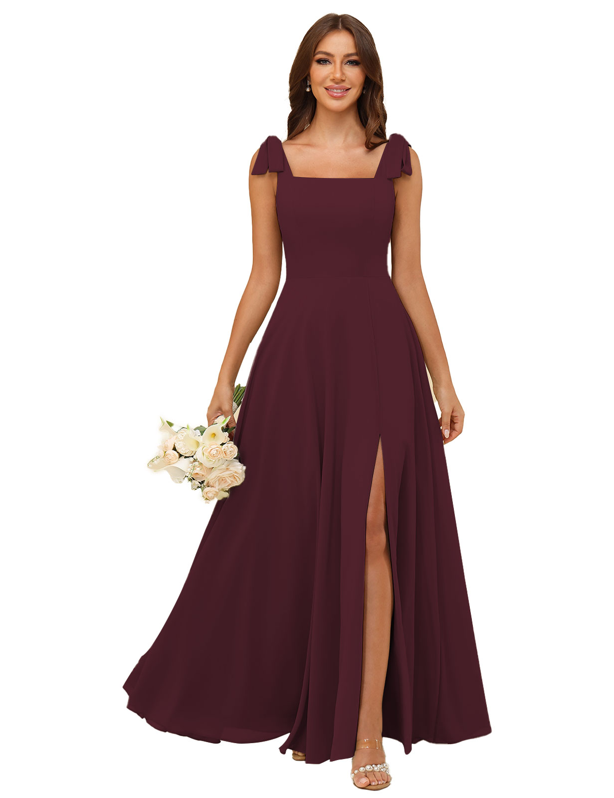 A-line Square Straps Chiffon Silt Bridesmaid Dress #BM2507222