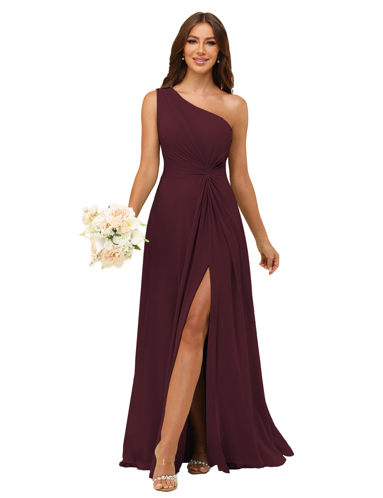A-line One Shoulder Chiffon Silt Bridesmaid Dress #BM2508033