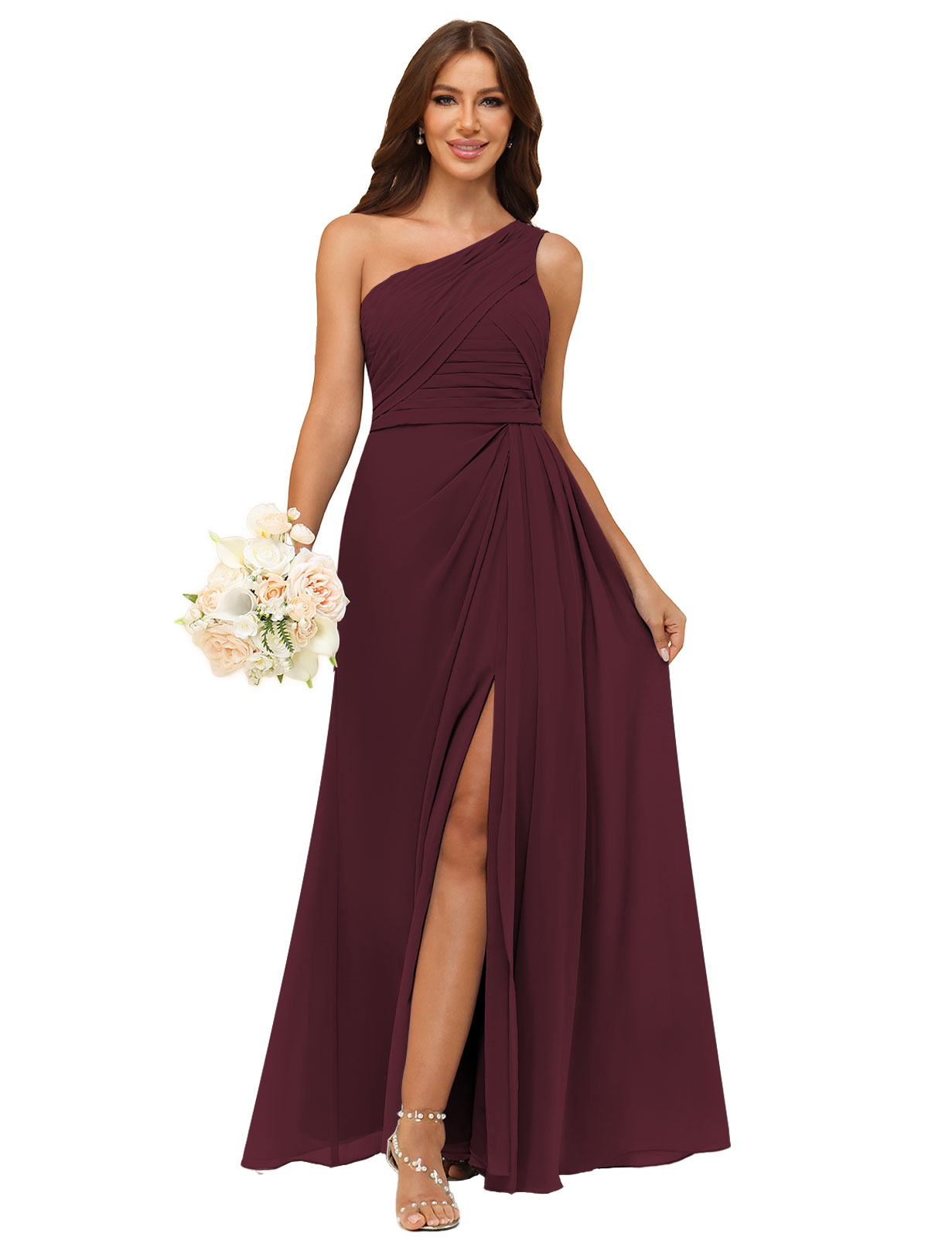 A-line One Shoulder Chiffon Silt Back Zip Bridesmaid Dress #BM2504122