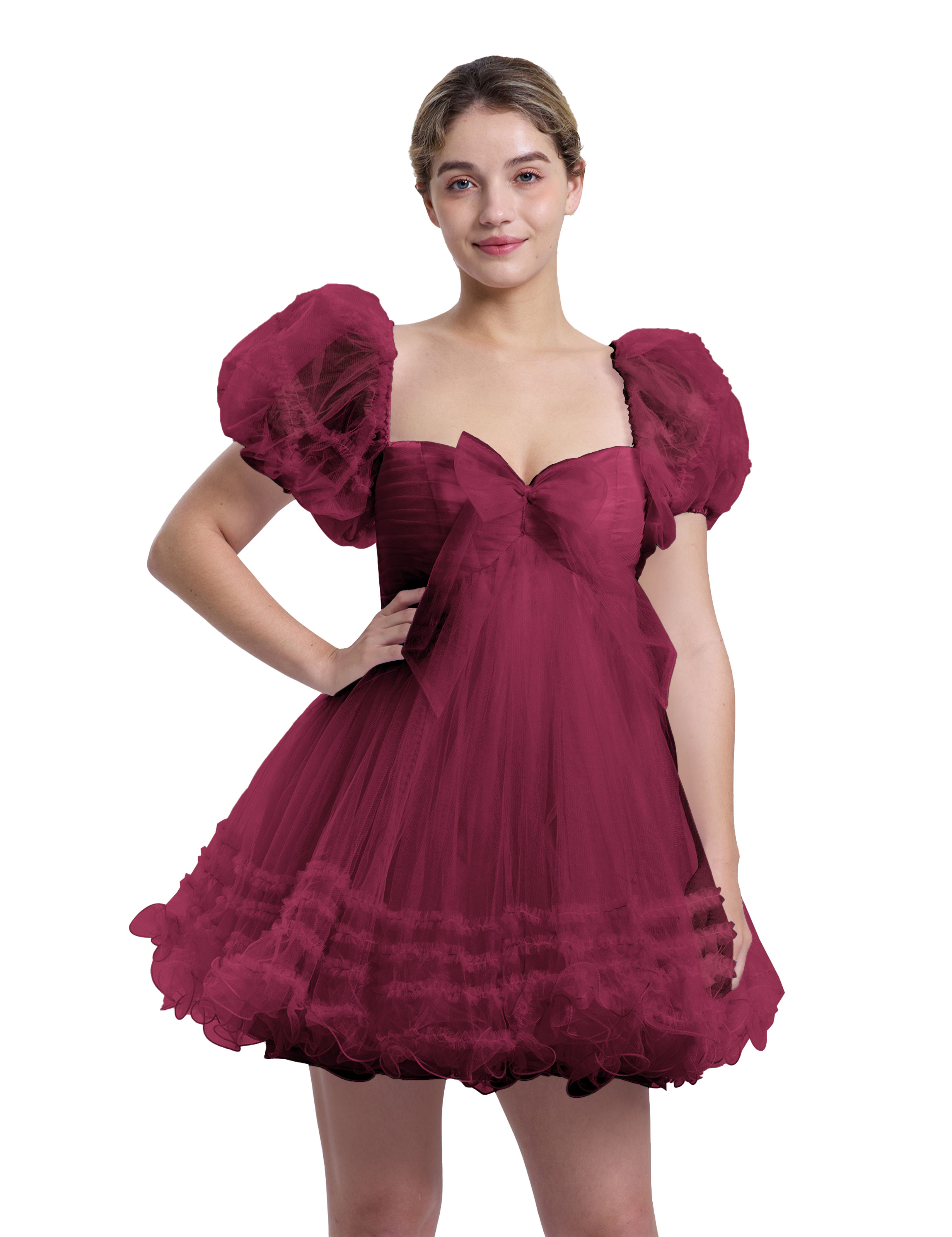 A-line Sweetheart Ruffles Tulle Puffy Sleeves Homecoming Dress #HC2401063