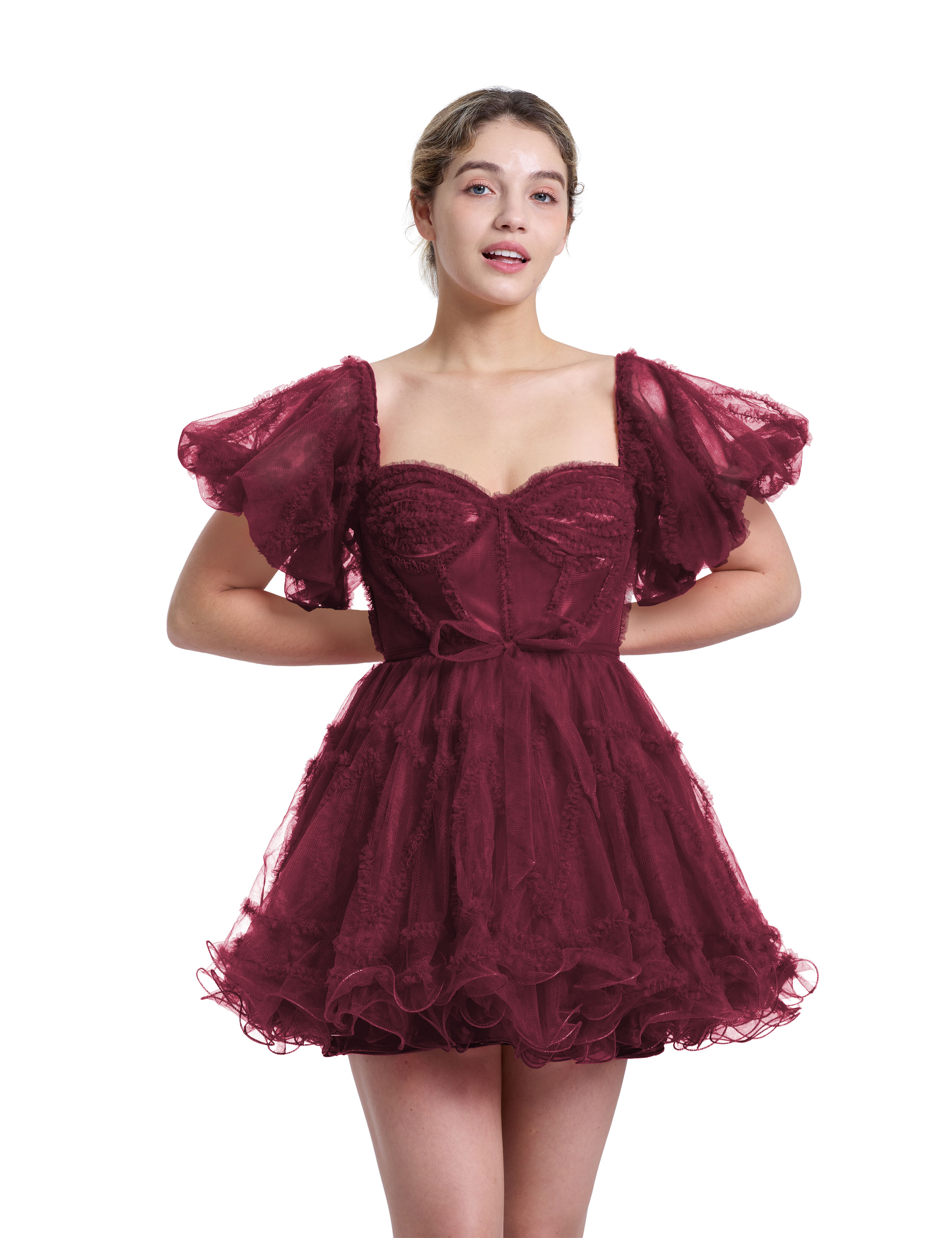 A-line Sweetheart Ruffles Tulle Puffy Sleeves Red Homecoming Dress #HC2401317