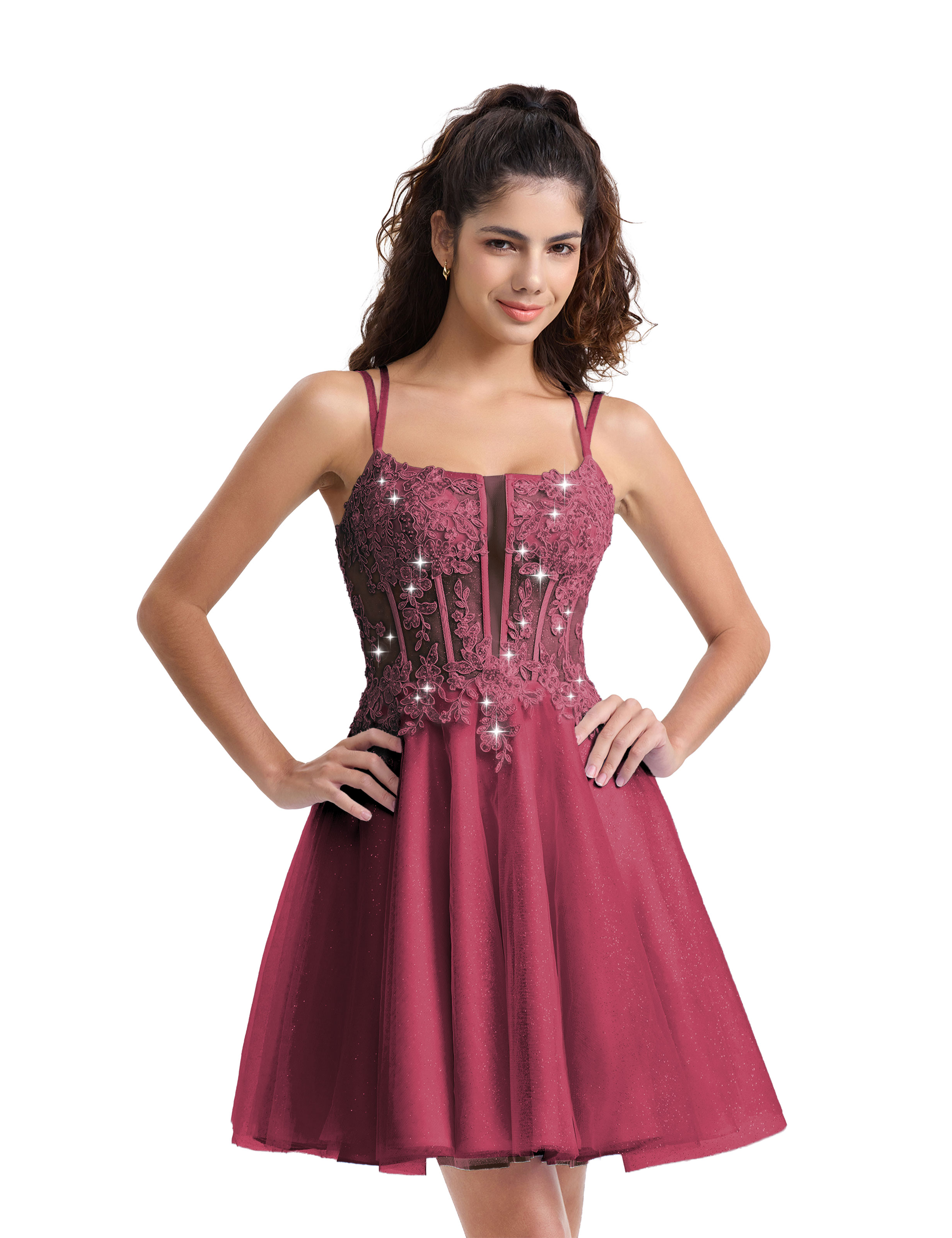 A-line Spaghetti Strap Tulle Lace Appliques Cocktail Homecoming Dress #HC2402129