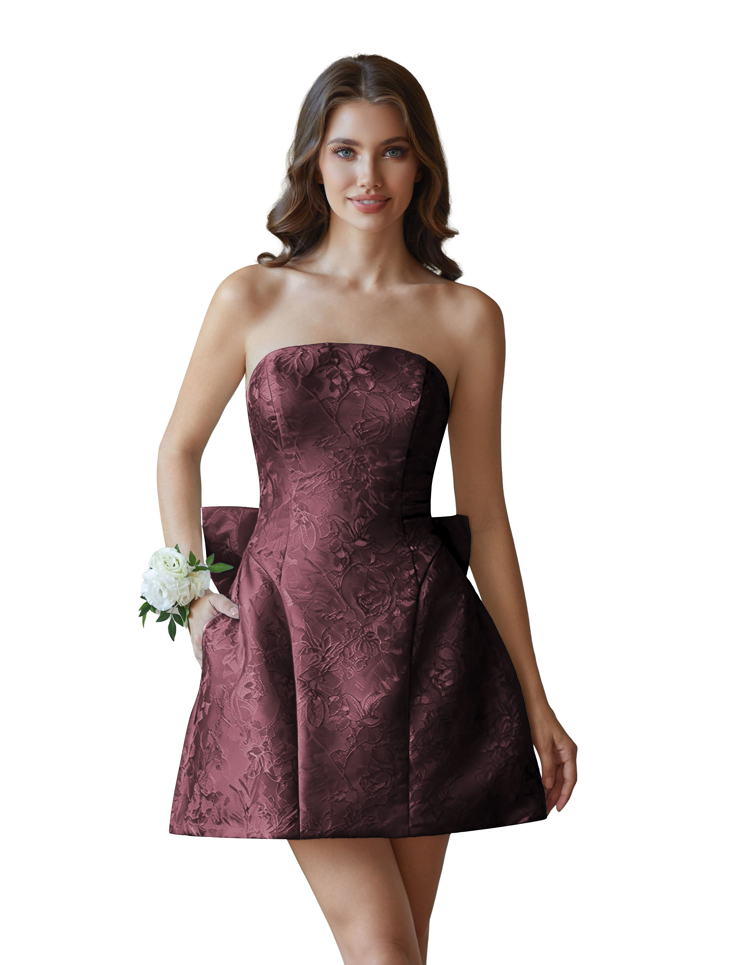 Jacquard Satin Mini Short Party Cocktail Prom Homecoming Dress with Bow Back #HC2401770