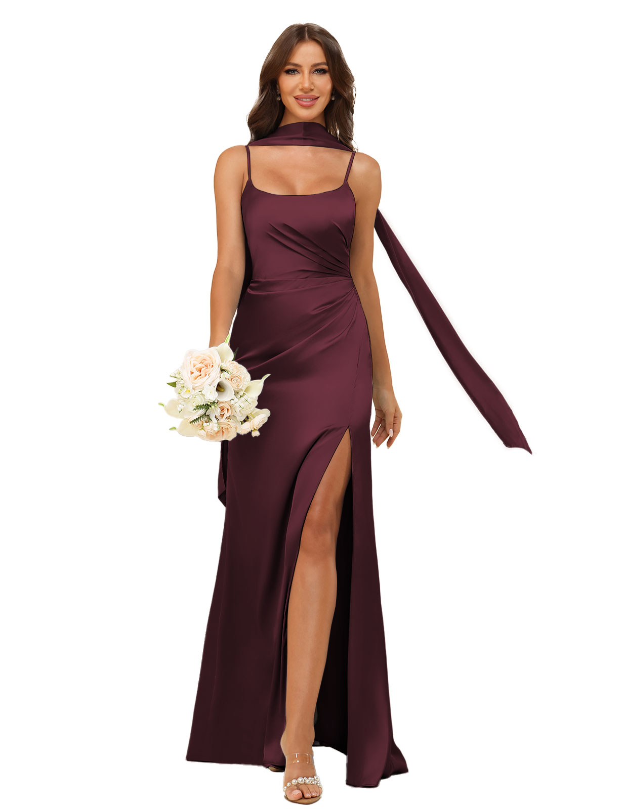 Mermaid U-neck Spaghetti Straps Satin Silt Bridesmaid Dress #BM2507145