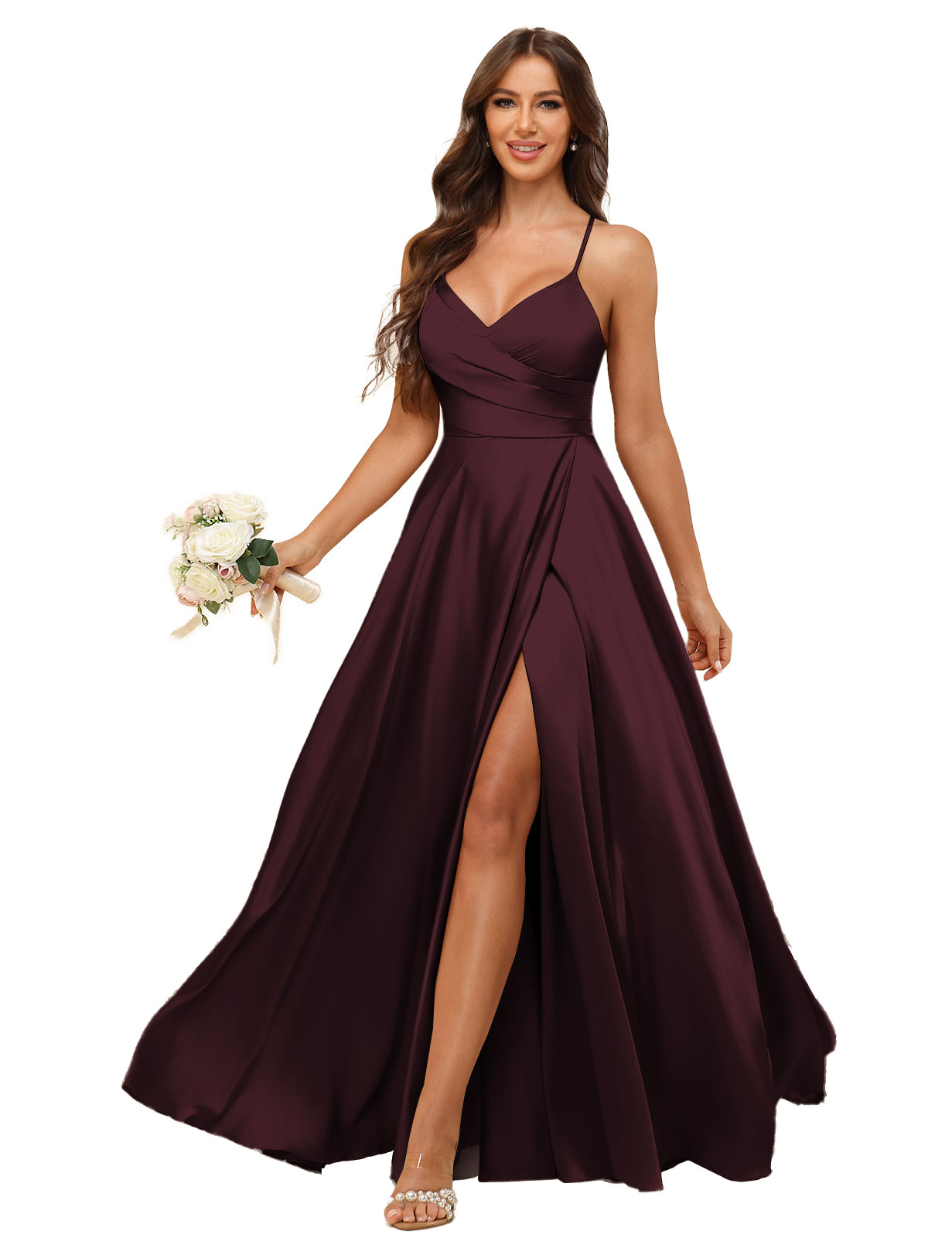 A-line V-neck Spaghetti Straps Satin Silt Bridesmaid Dress #BM2507218