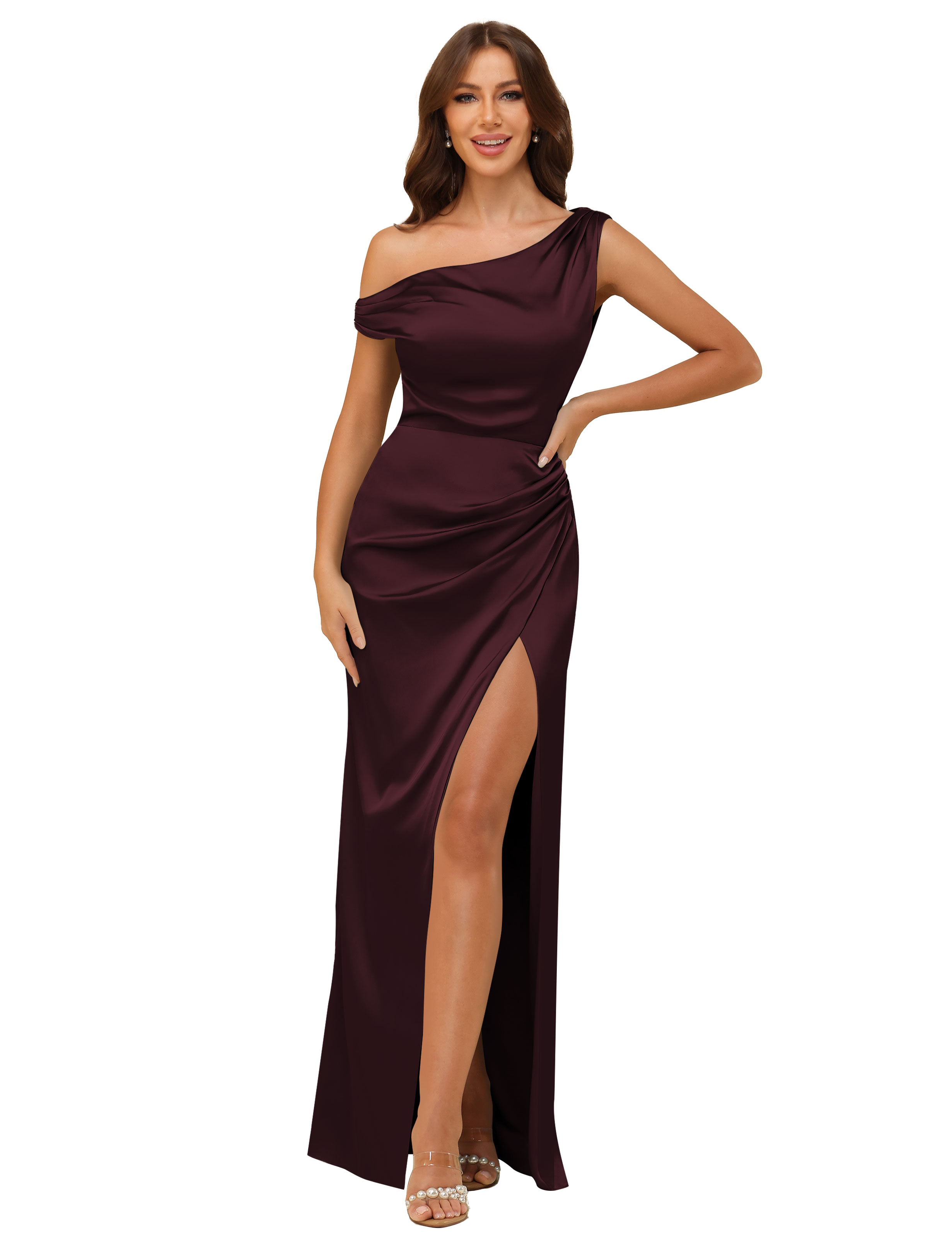 Sheath One Shoulder Satin Silt Side Zip Bridesmaid Dress #BM2507059