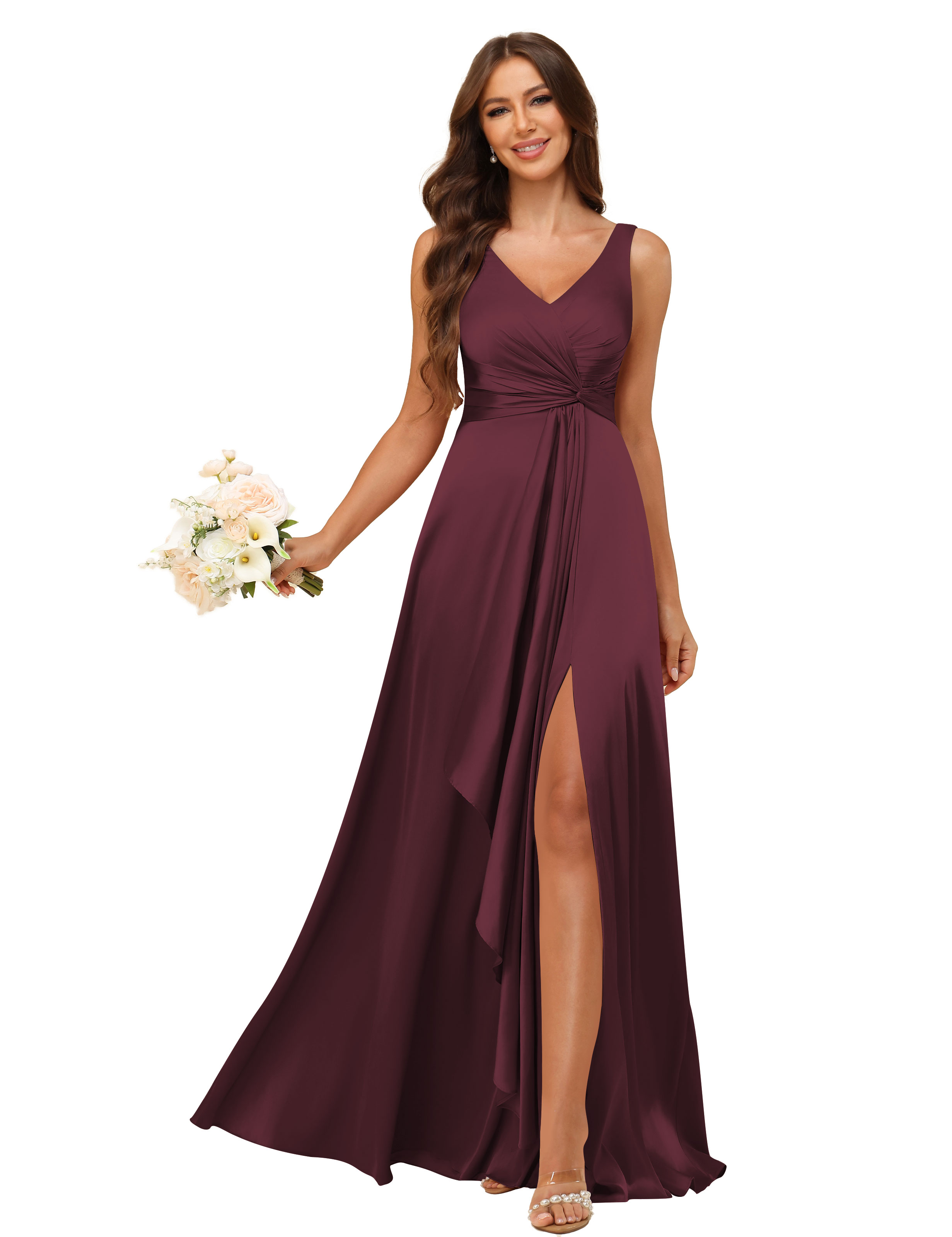 A-line V-neck Straps Satin Silt Lace Up Bridesmaid Dress #BM2507147
