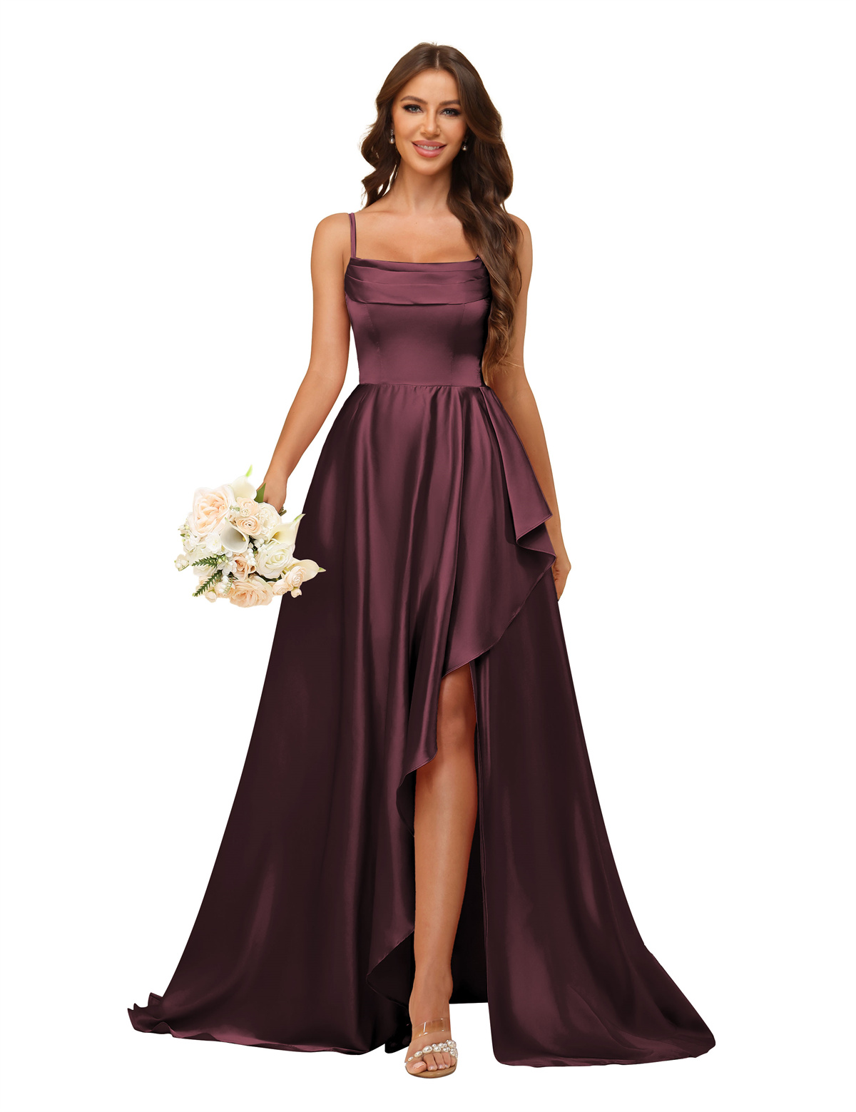 A-line U-neck Spaghetti Straps Satin Silt Bridesmaid Dress #BM2507213