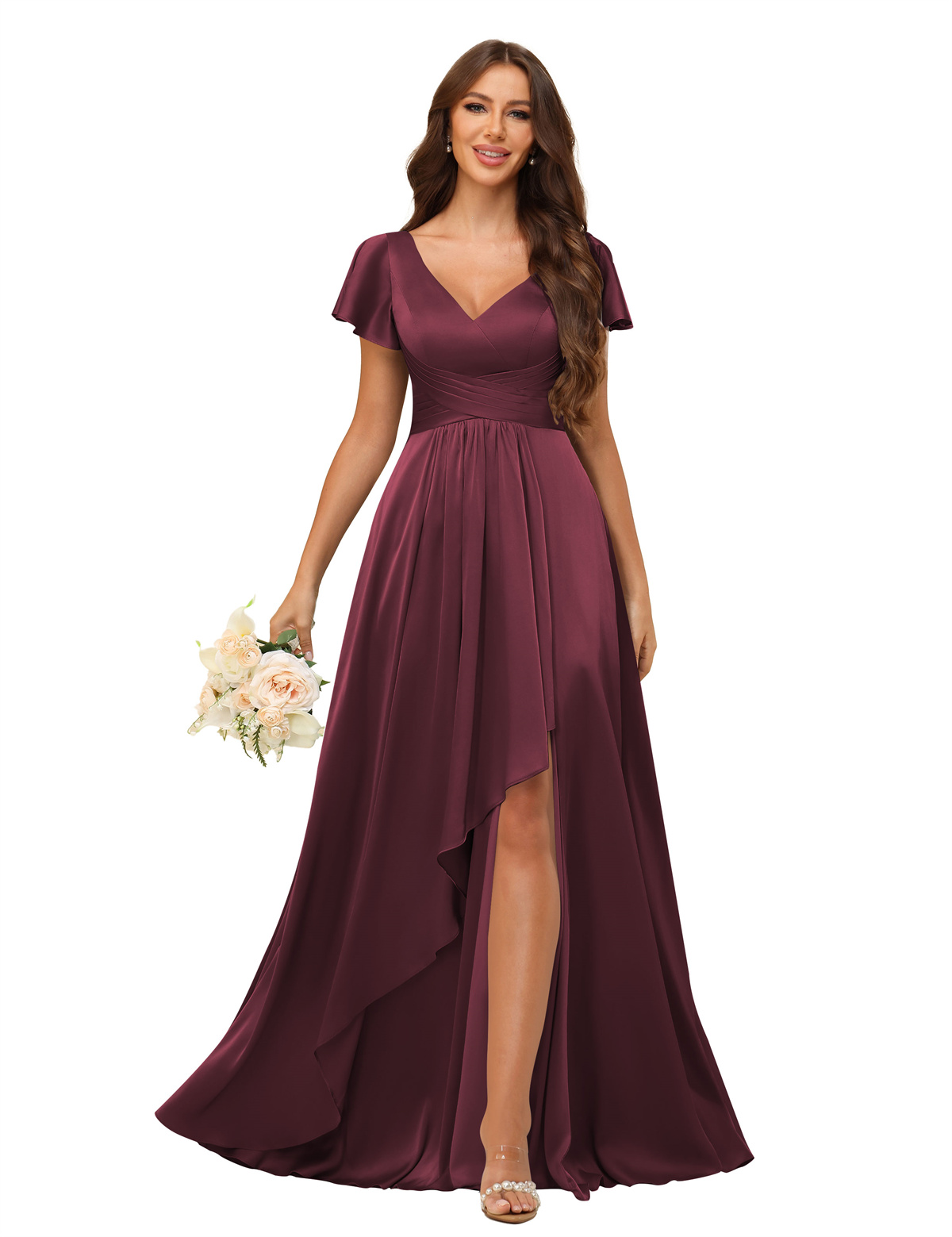A-line V-neck Short Sleeves Satin Silt Bridesmaid Dress #BM2508022