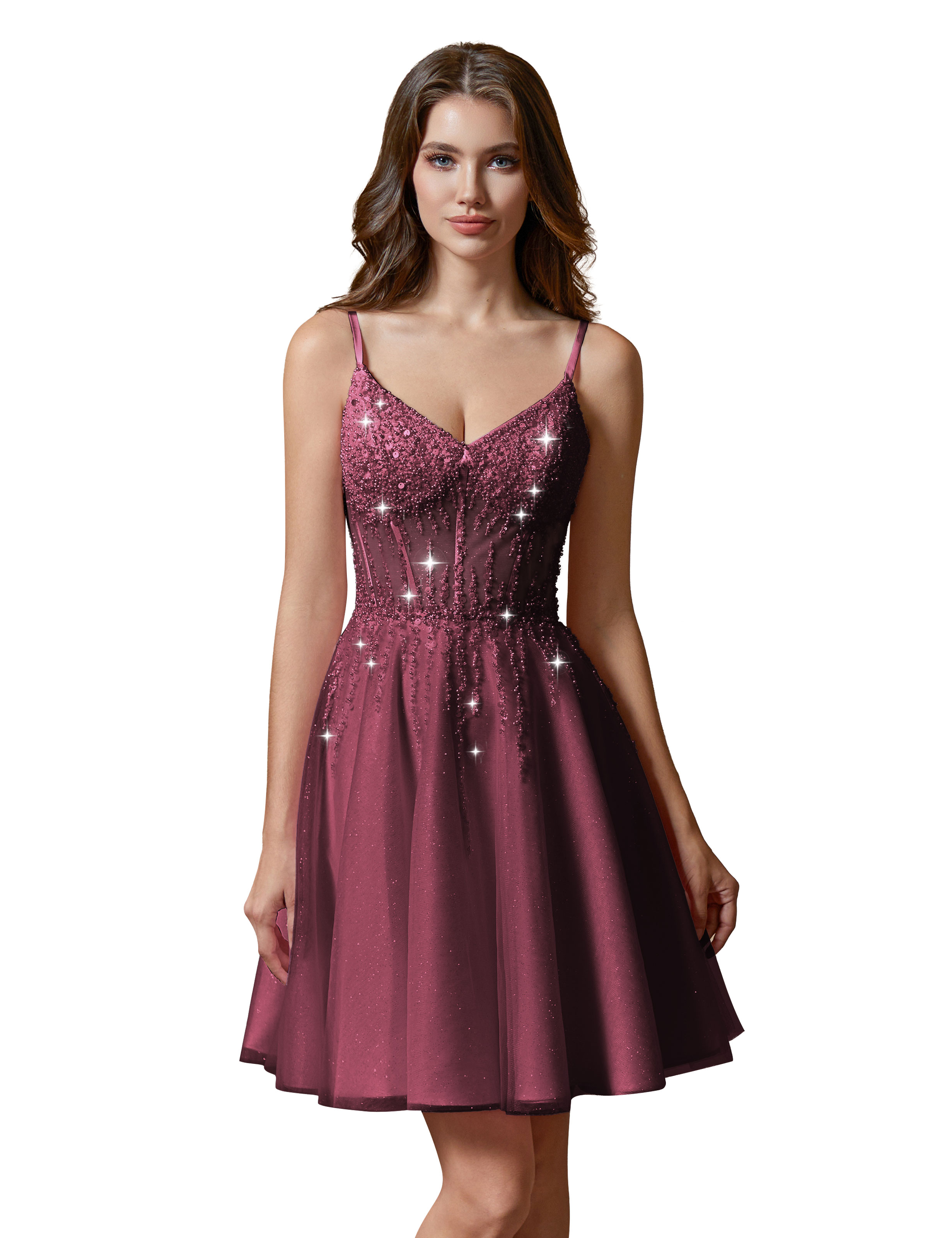 A-line V-Neck Sparkly Tulle Lace Appliques Homecoming Dress #HC2401738