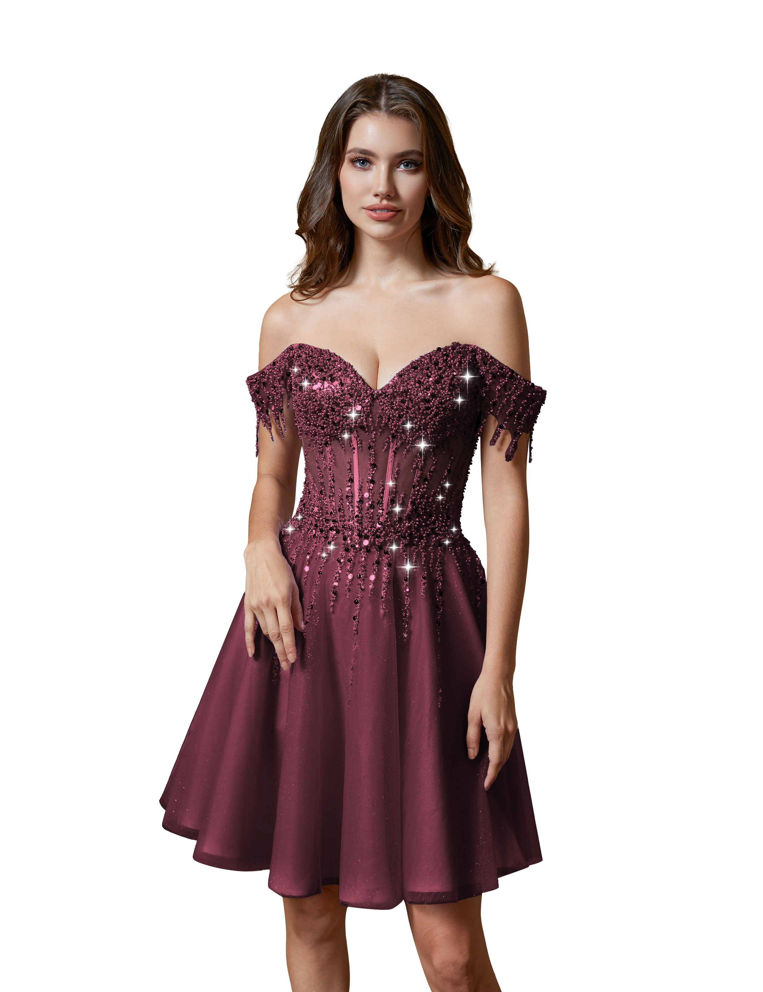 A-line Off Shoulder Lace Appliques Sparkly Sequin Tulle Homecoming Dress #HC2401169
