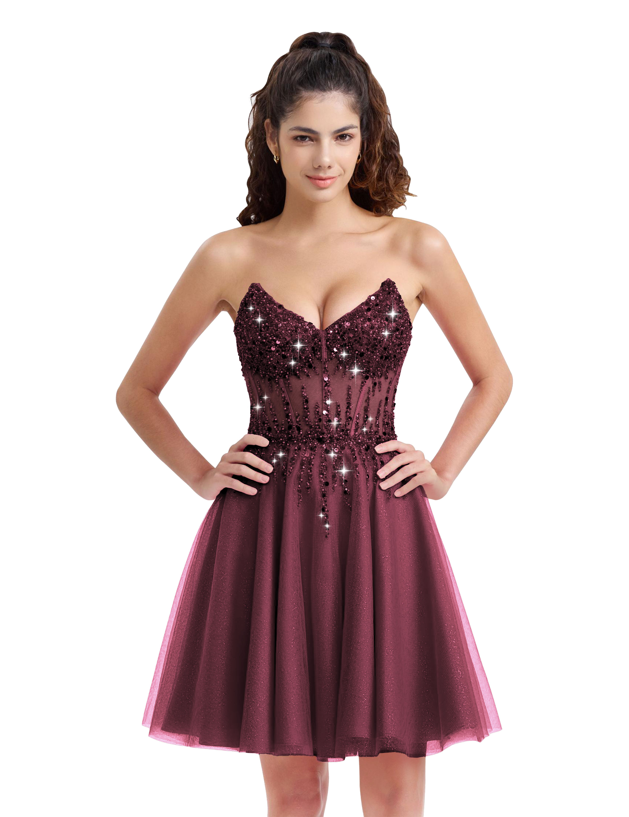 Sparkly A-line V-Neck Tulle Strapless Beaded Homecoming Dress #HC2402127