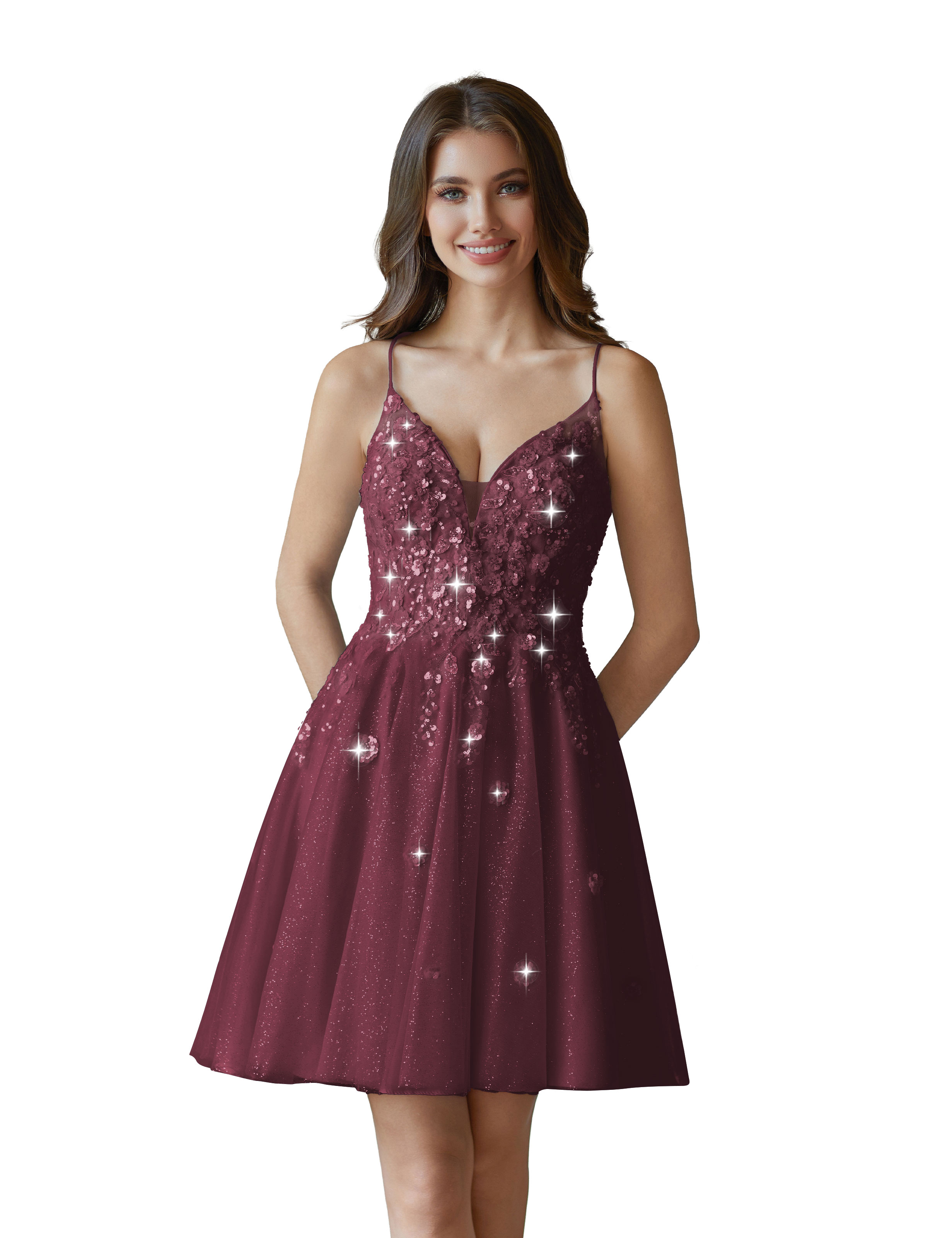 V-Neck Sspaghetti Strap Sparkly Lace Sequin Short Tulle Homecoming Dress #HC2604021