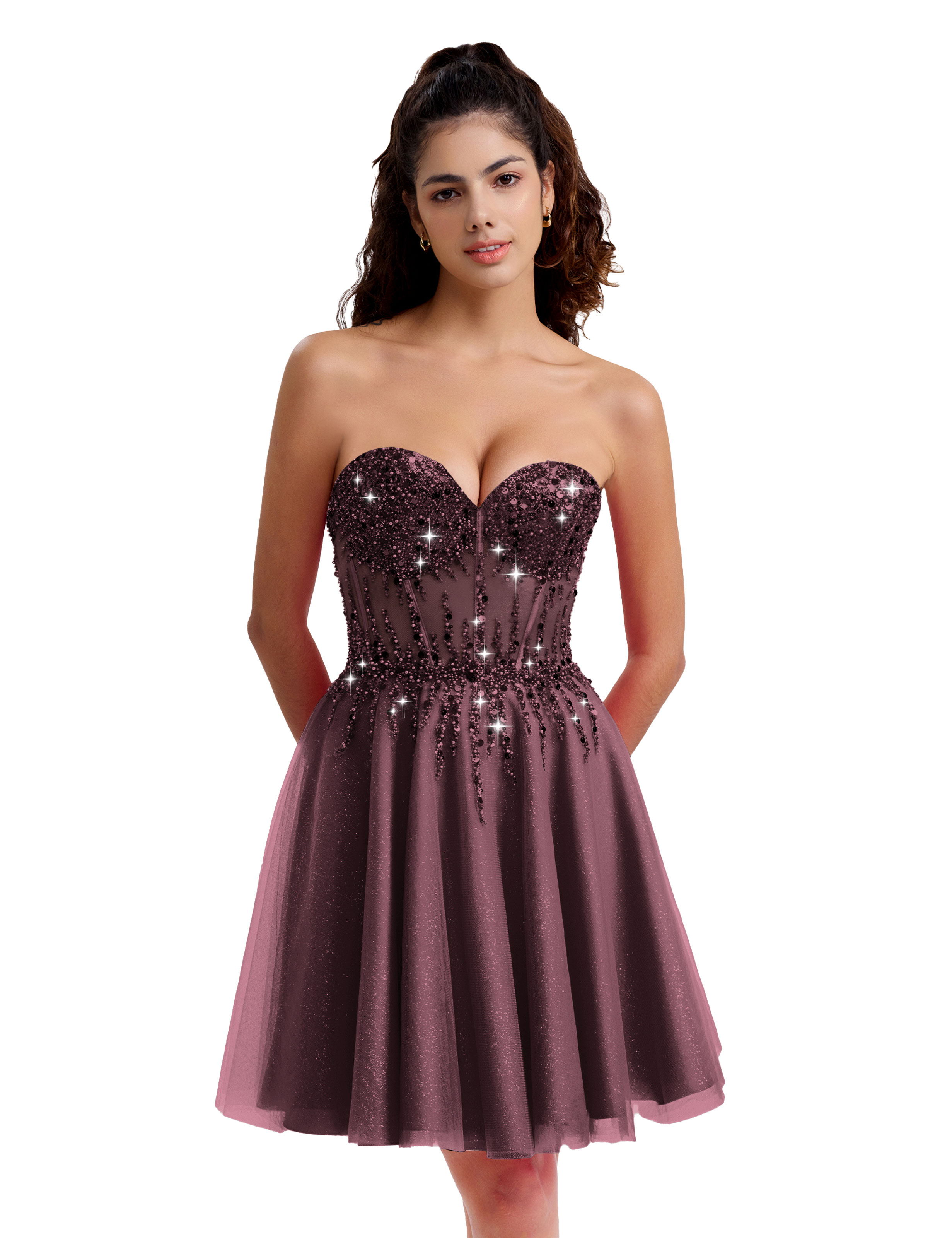 Sparkly A-line Sweetheart Tulle Beaded Party Homecoming Dress #HC2402135