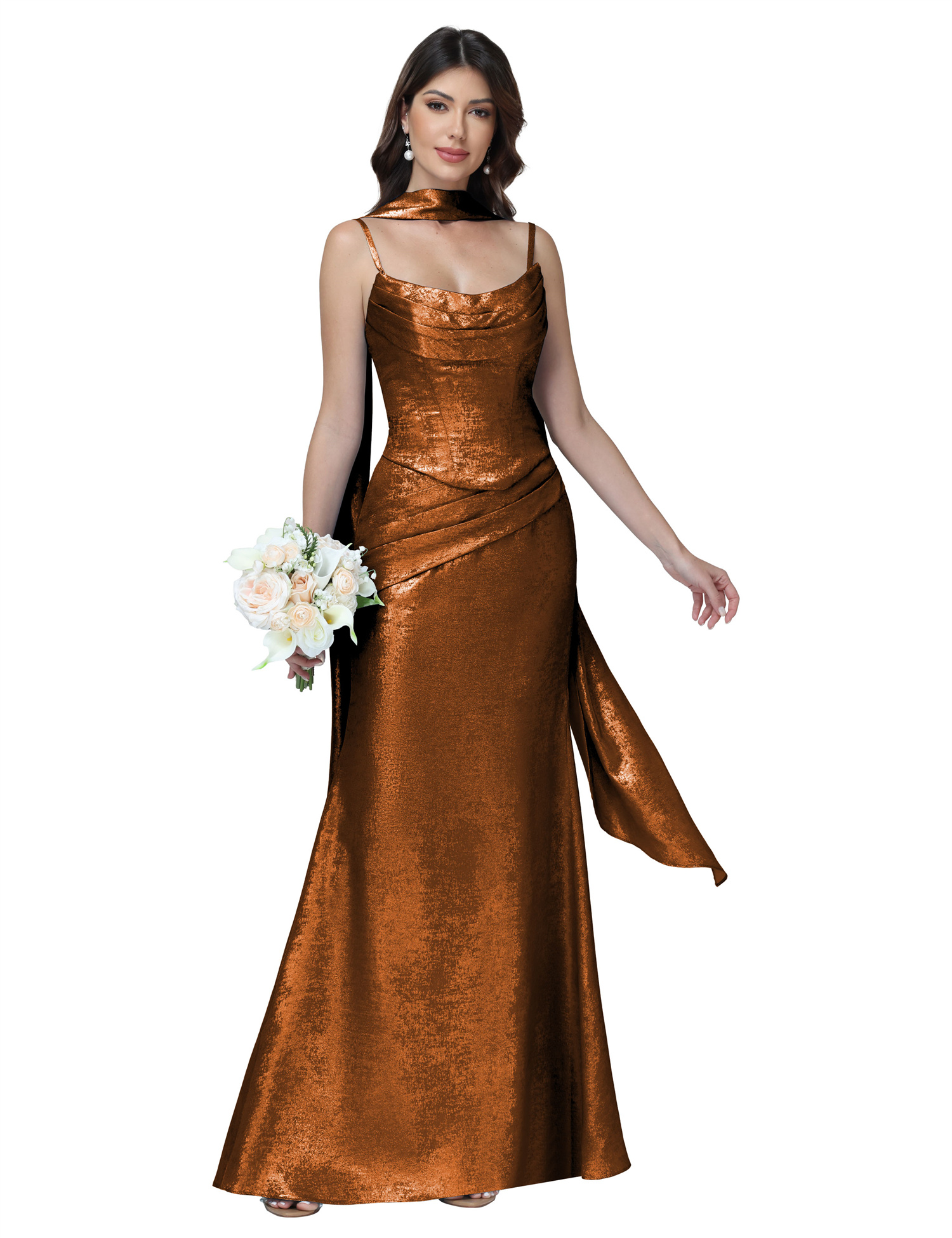 Mermaid Spaghttei Straps Prom Dress 2 Pieces Bridesmaid Dress with Scarf #BM2512054