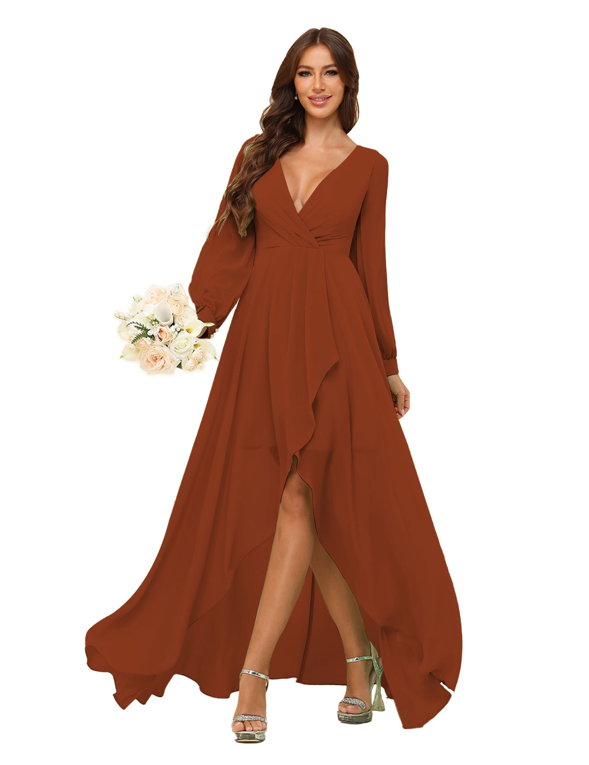 A-line Deep V-neck Chiffon Long Sleeves Bridesmaid Dress #BM2507136
