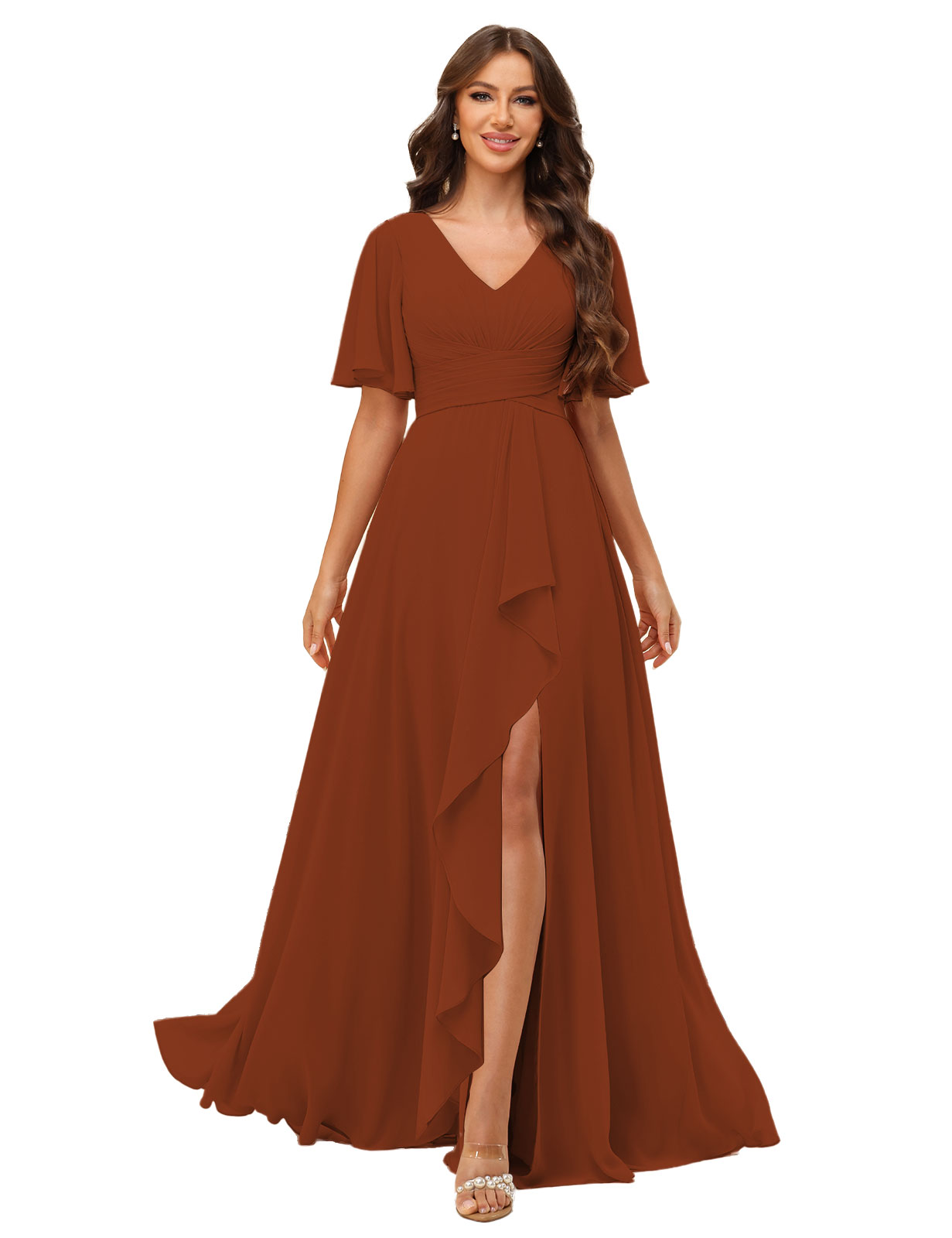 A-line V-neck Short Sleeves Chiffon Silt Bridesmaid Dress #BM2507137