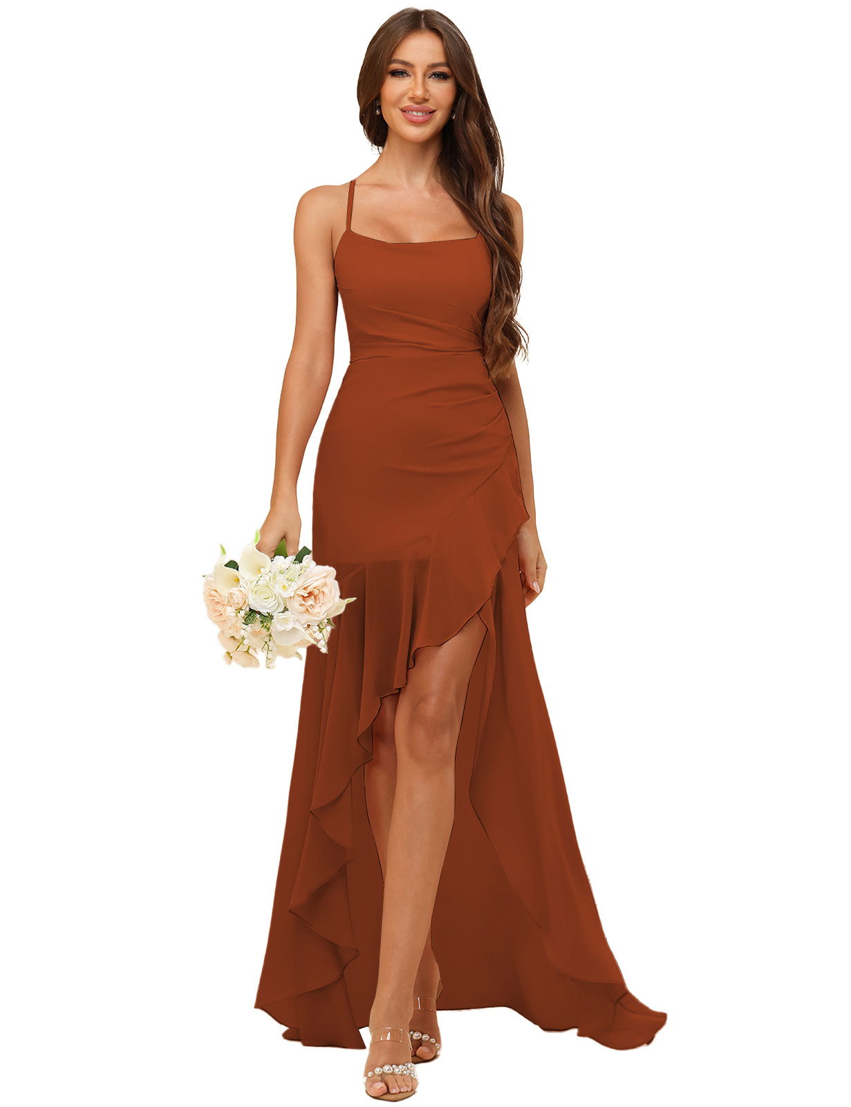 A-line Strapless Chiffon High Low Ruffles Bridesmaid Dress #BM2507148