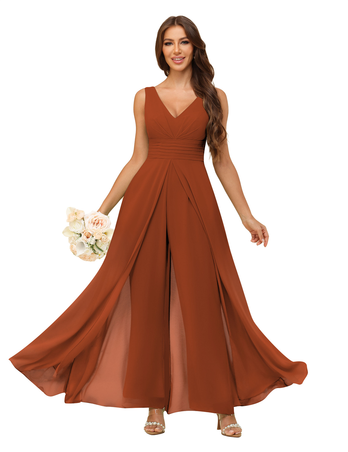 A-line V-neck Chiffon Straps V-back Bridesmaid Dress #PR2507216