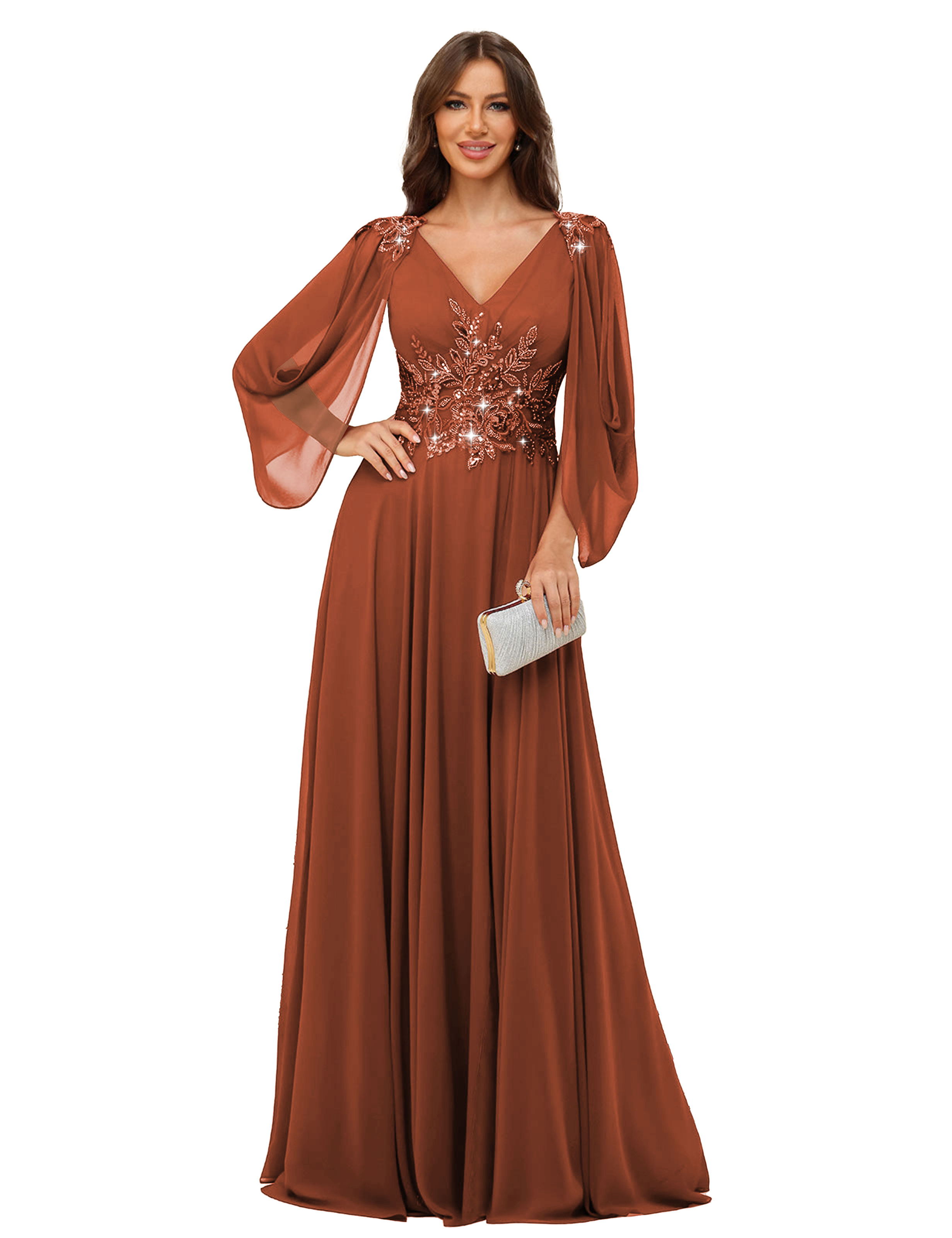 A-line V-neck Chiffon V-back Long Sleeves Mother of The Bride Dress #BM2501034