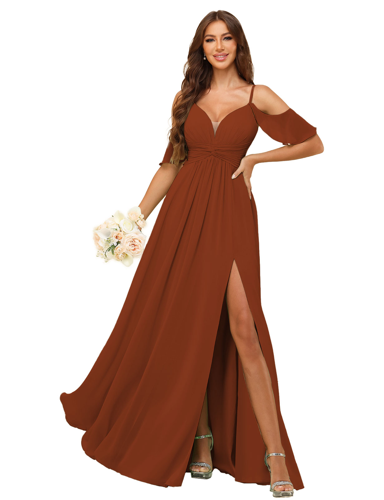A-line Deep V-neck Spaghetti Straps Chiffon Silt Bridesmaid Dress #BM2507134