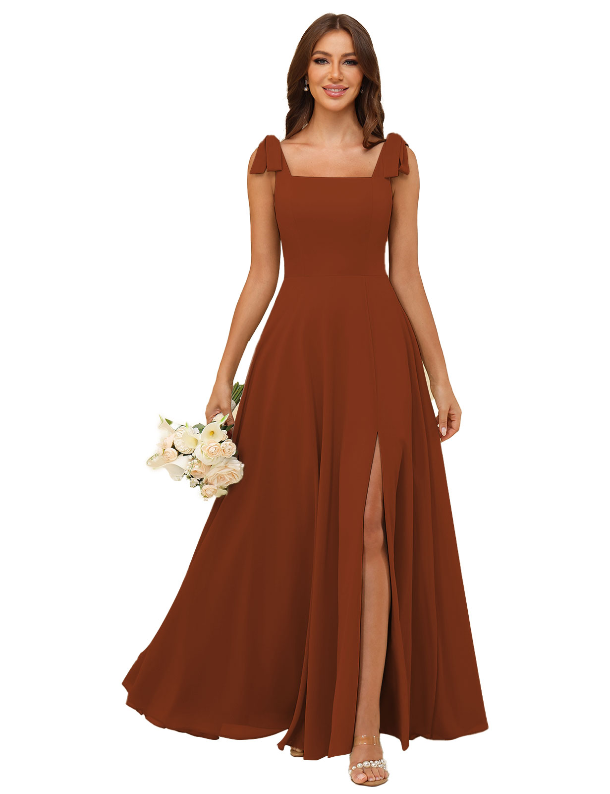 A-line Square Straps Chiffon Silt Bridesmaid Dress #BM2507222