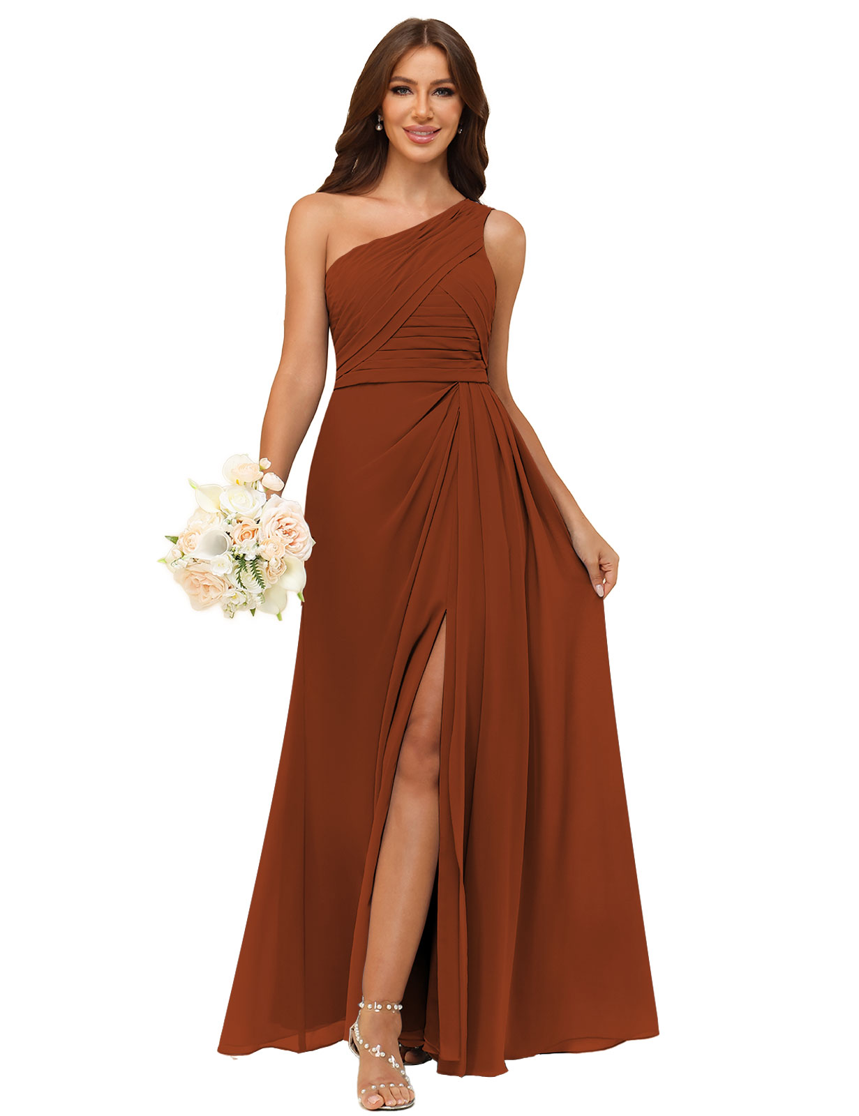 A-line One Shoulder Chiffon Silt Back Zip Bridesmaid Dress #BM2504122