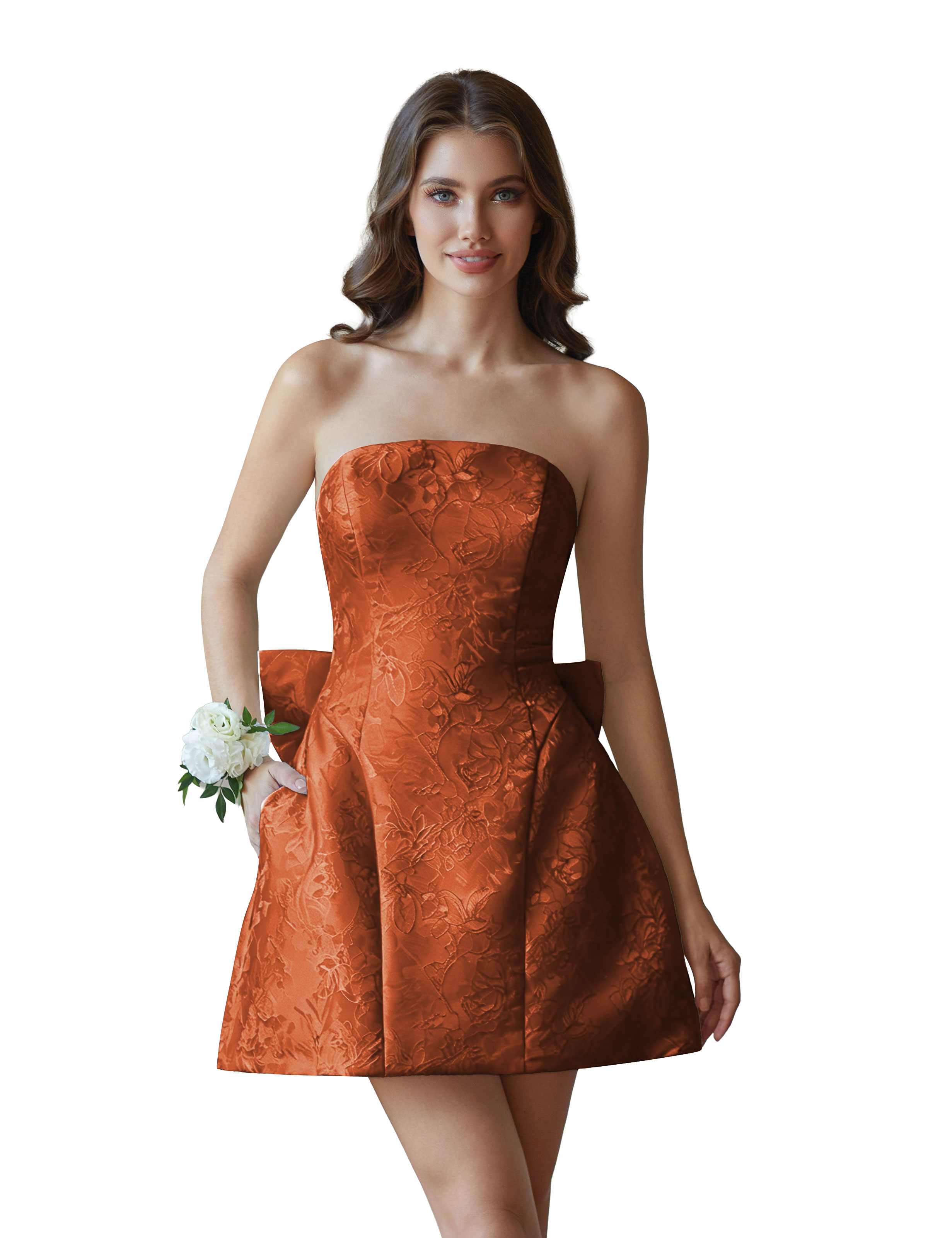 Jacquard Satin Mini Short Party Cocktail Prom Homecoming Dress with Bow Back #HC2401770