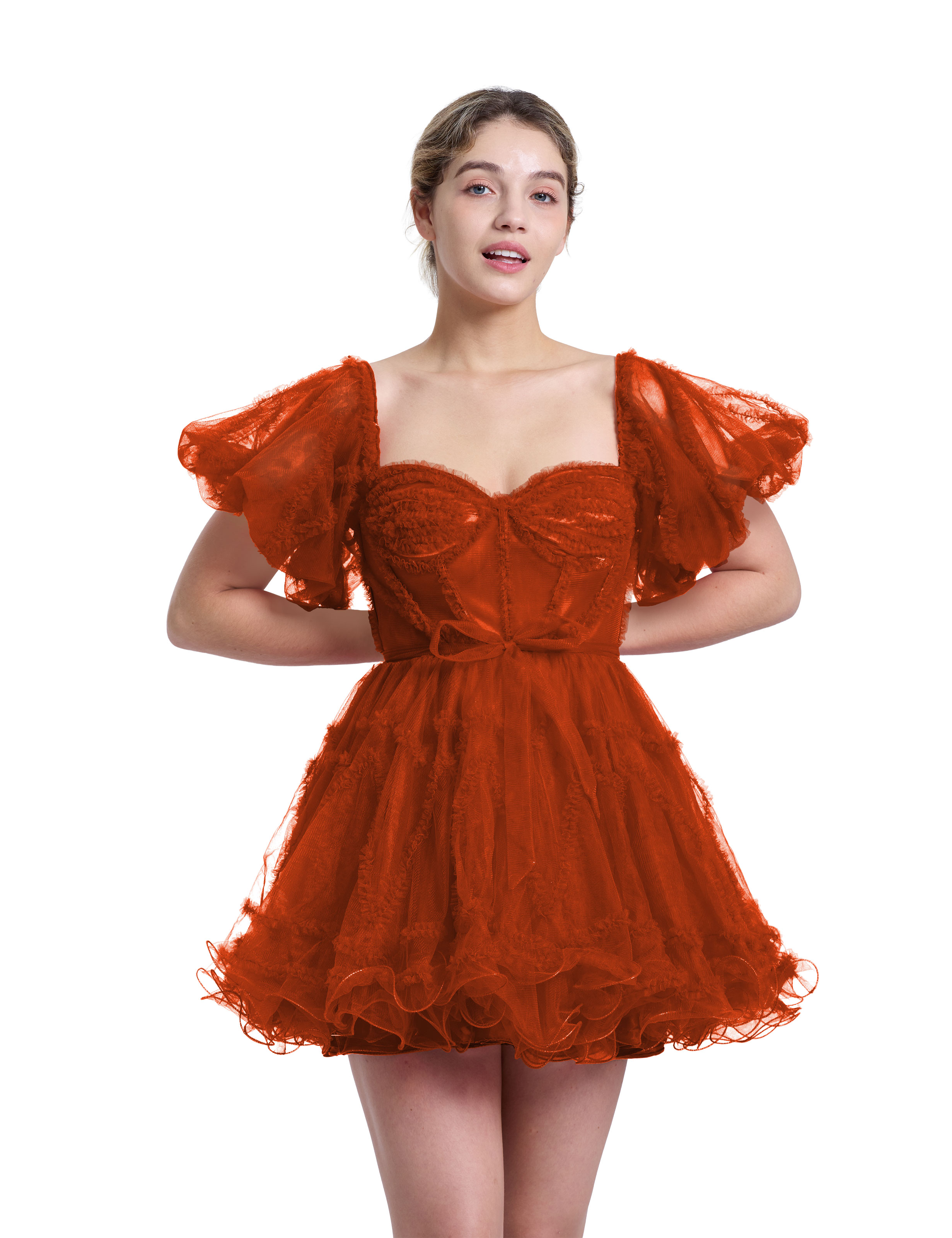 A-line Sweetheart Ruffles Tulle Puffy Sleeves Red Homecoming Dress #HC2401317