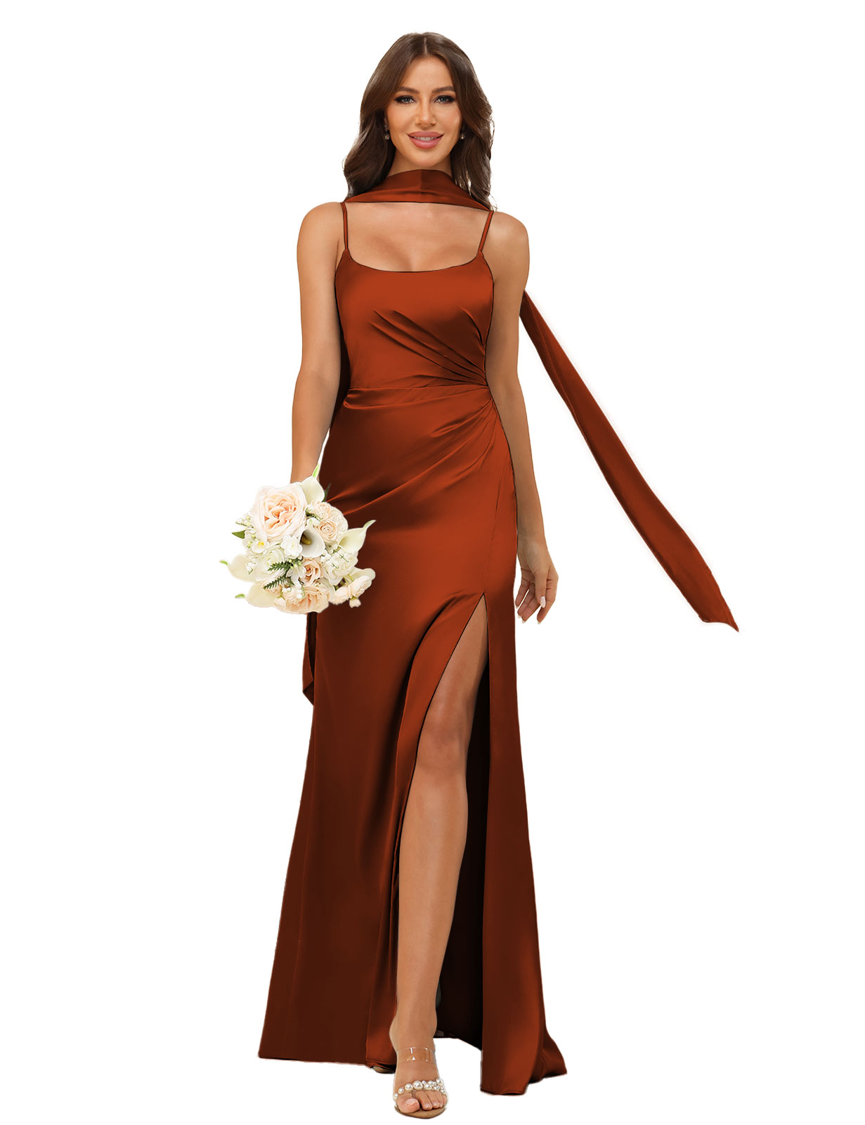 Mermaid U-neck Spaghetti Straps Satin Silt Bridesmaid Dress #BM2507145