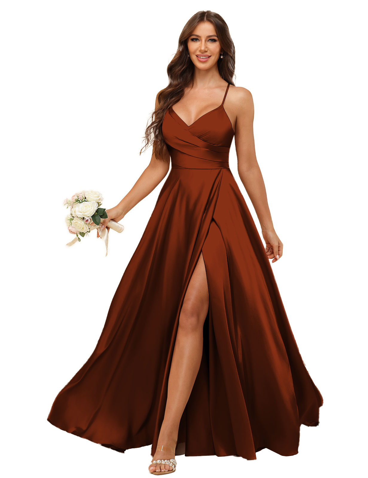 A-line V-neck Spaghetti Straps Satin Silt Bridesmaid Dress #BM2507218