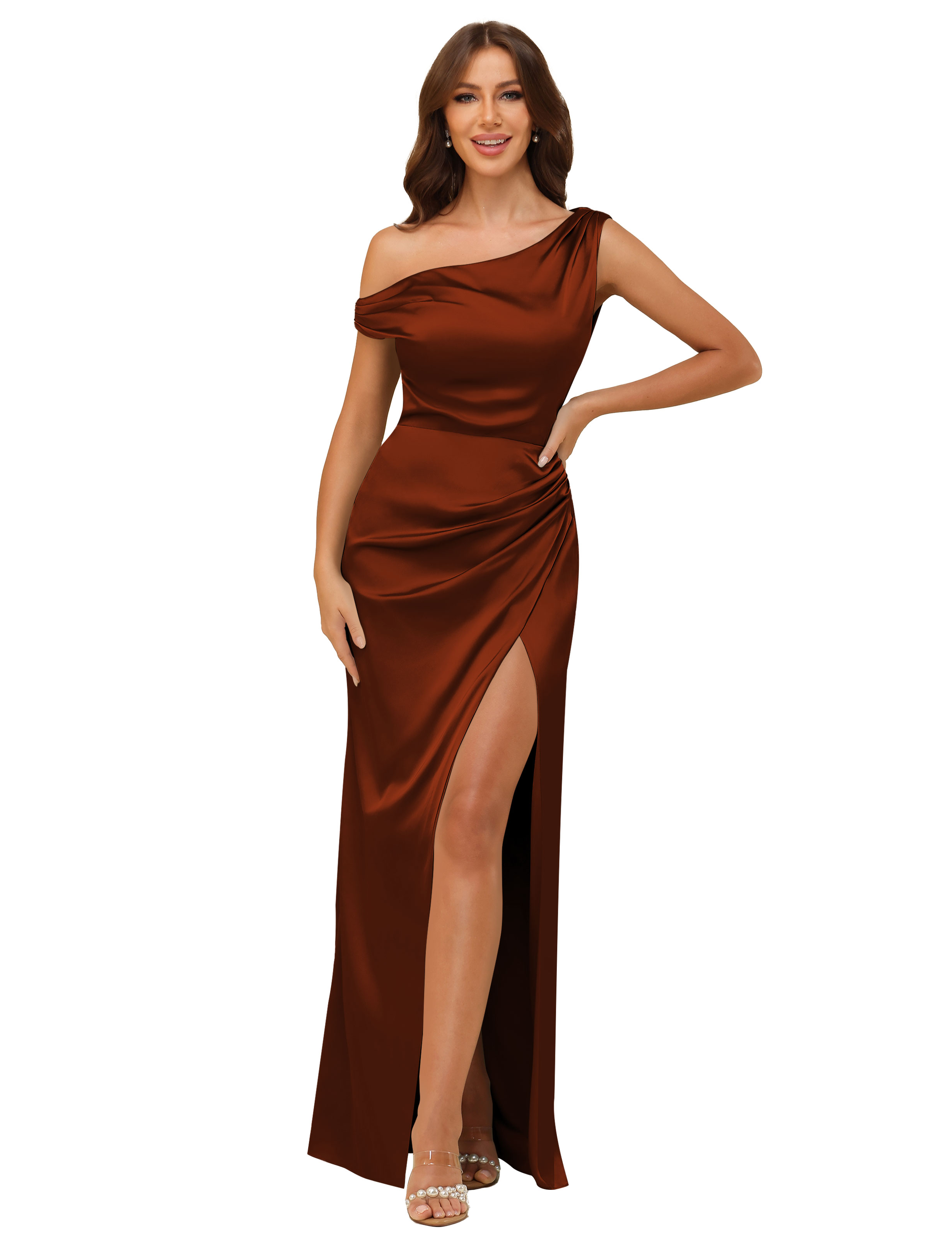 Sheath One Shoulder Satin Silt Side Zip Bridesmaid Dress #BM2507059