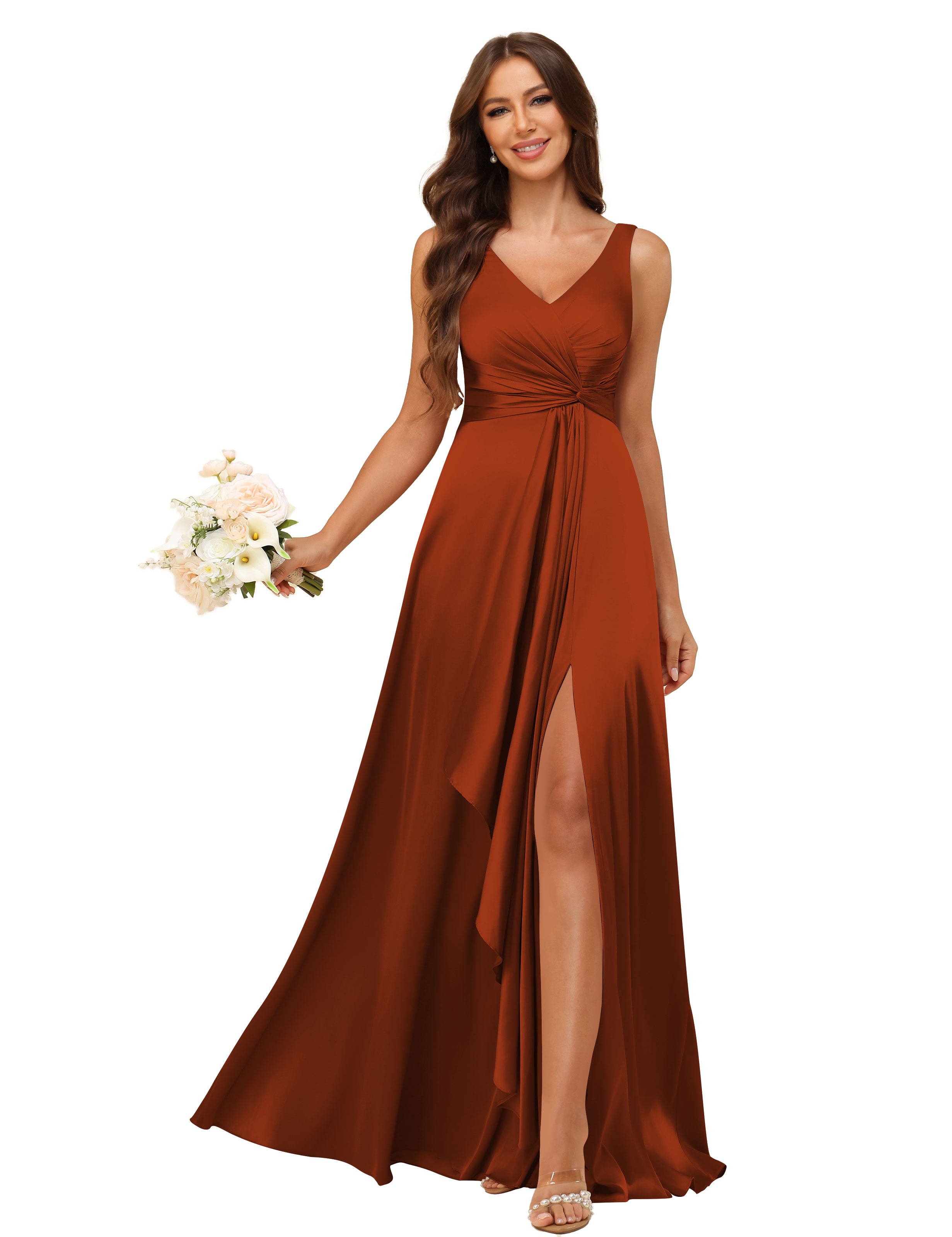 A-line V-neck Straps Satin Silt Lace Up Bridesmaid Dress #BM2507147