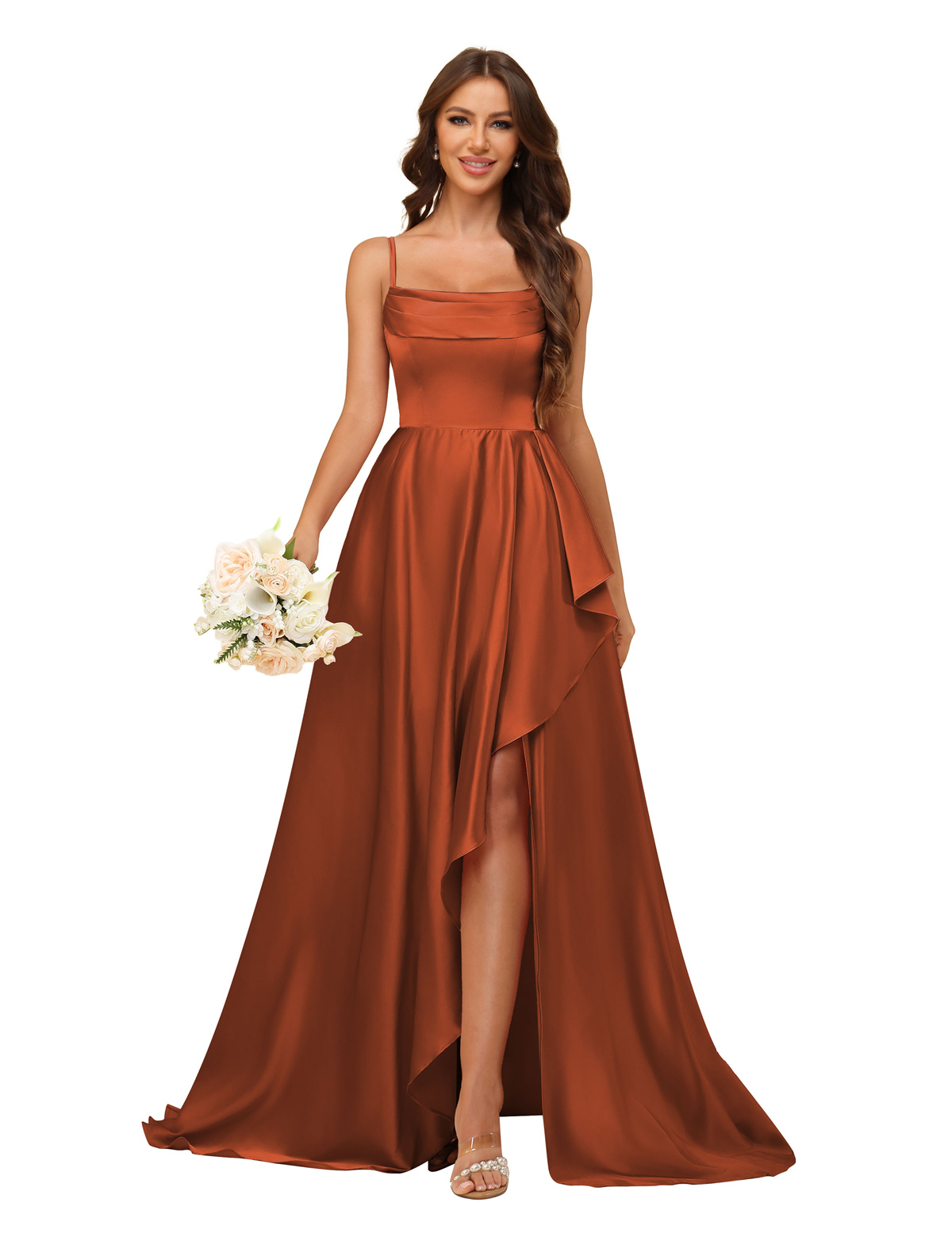 A-line U-neck Spaghetti Straps Satin Silt Bridesmaid Dress #BM2507213