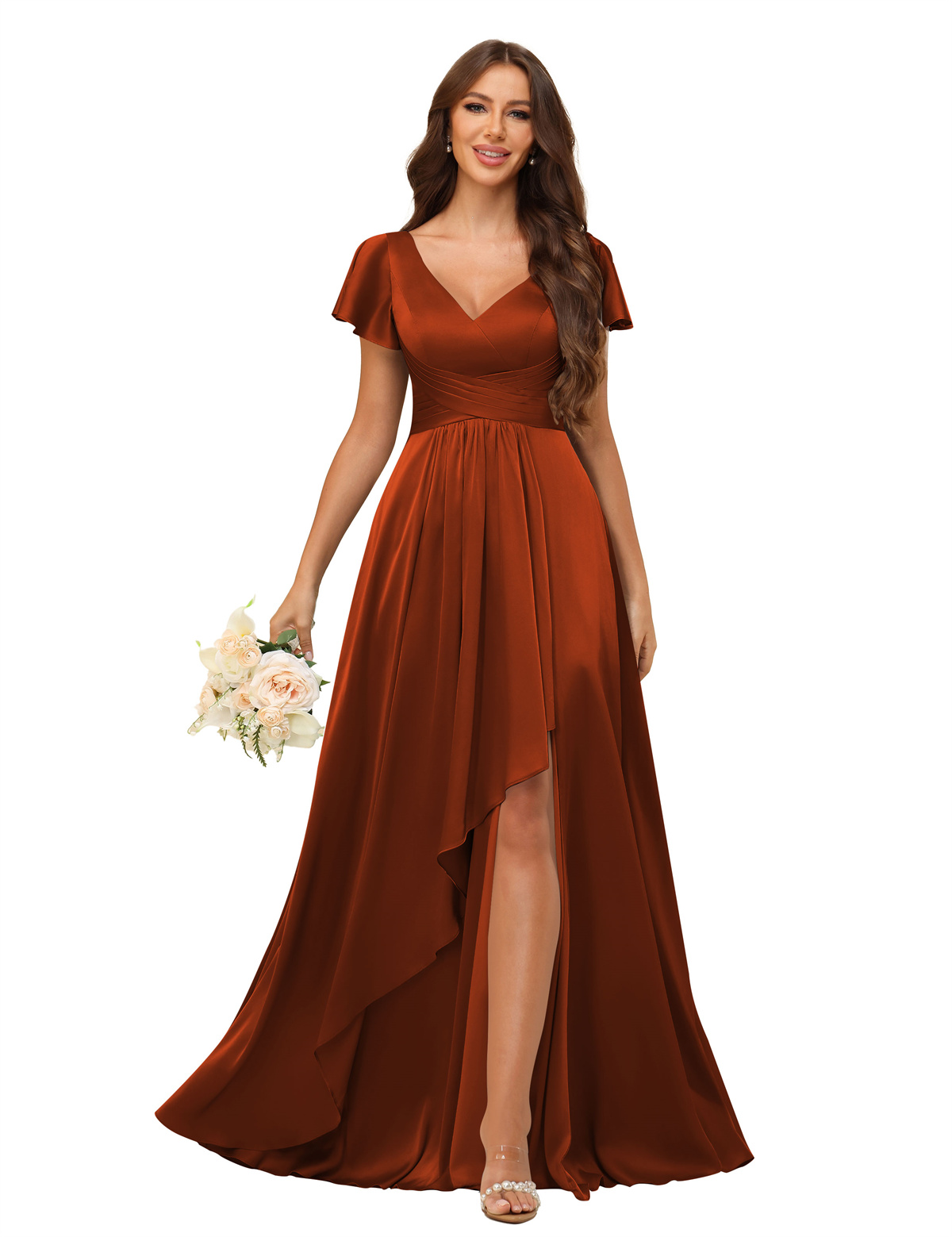 A-line V-neck Short Sleeves Satin Silt Bridesmaid Dress #BM2508022