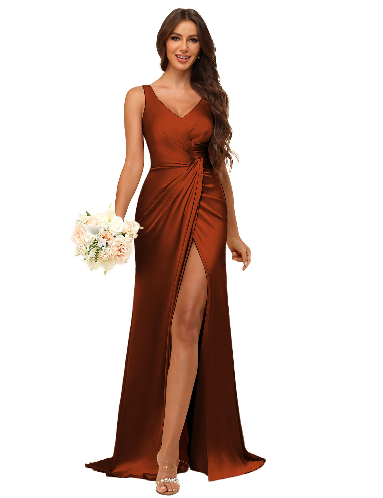 Mermaid V-neck Straps Satin Silt Bridesmaid Dress #BM2507144