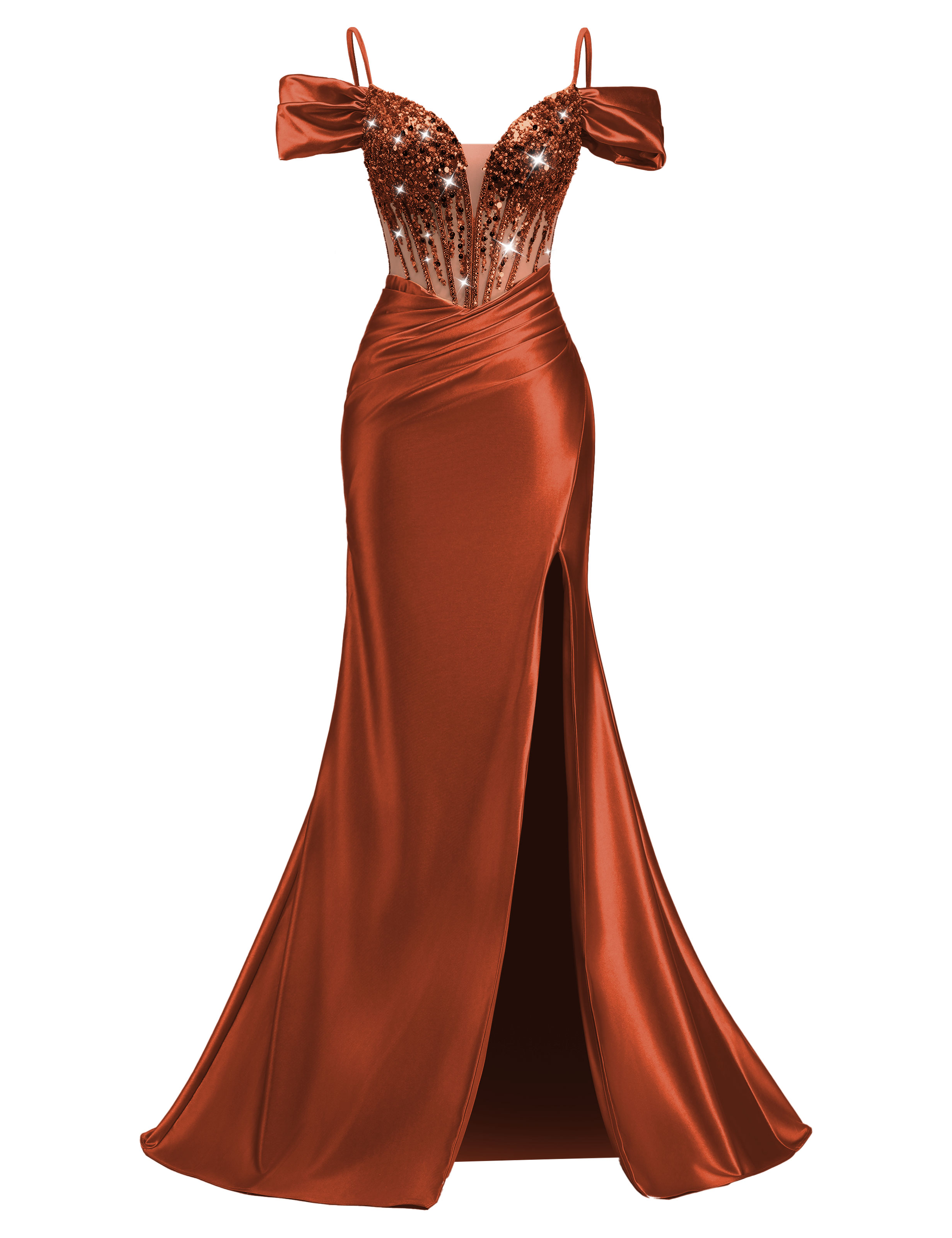 Mermaid V-neck Off Shoulder Beaded Sequin Satin Slit Prom Dress #PR2510014