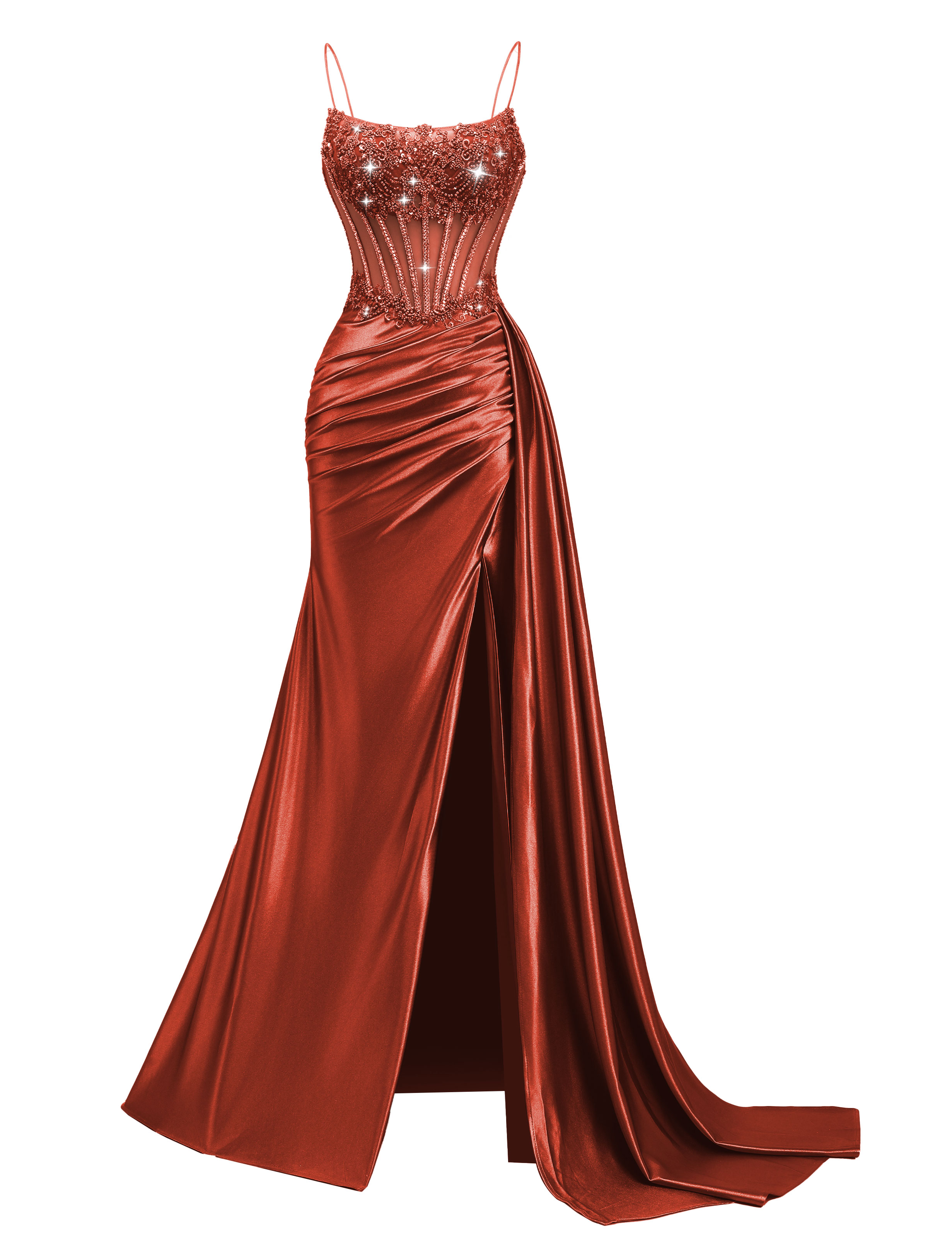 Mermaid Spaghetti Straps Pleated Satin Beaded Slit Prom Dress #PR2510011