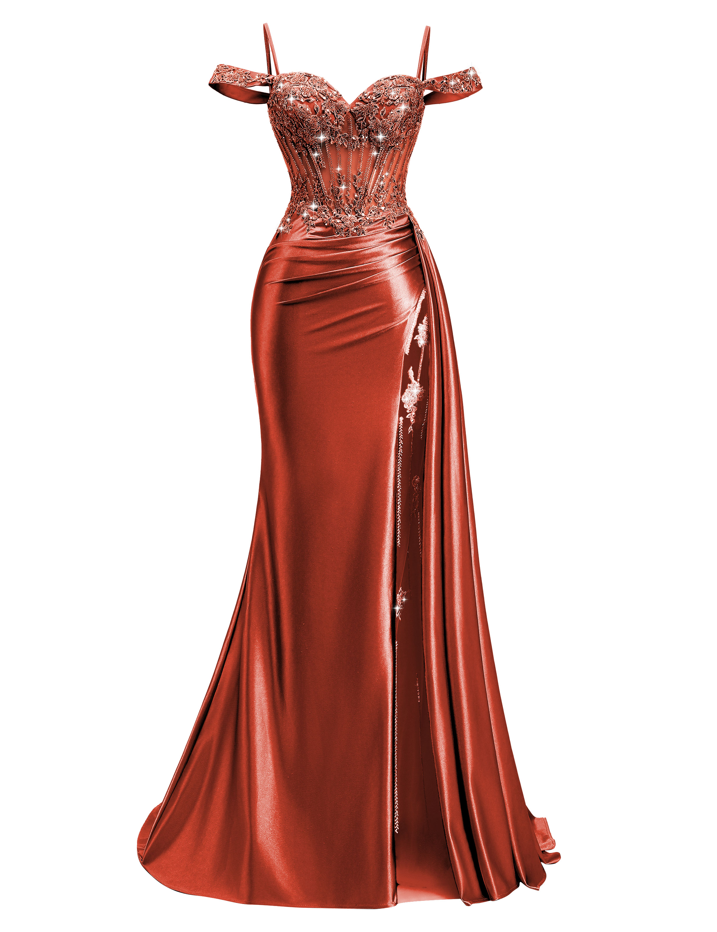 Mermaid Off Shoulder Beaded Sequin Appliques Satin Slit Prom Dress #PR2510009