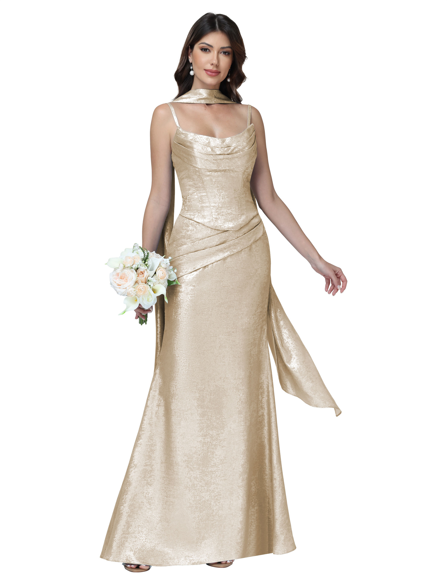 Mermaid Spaghttei Straps Prom Dress 2 Pieces Bridesmaid Dress with Scarf #BM2512054