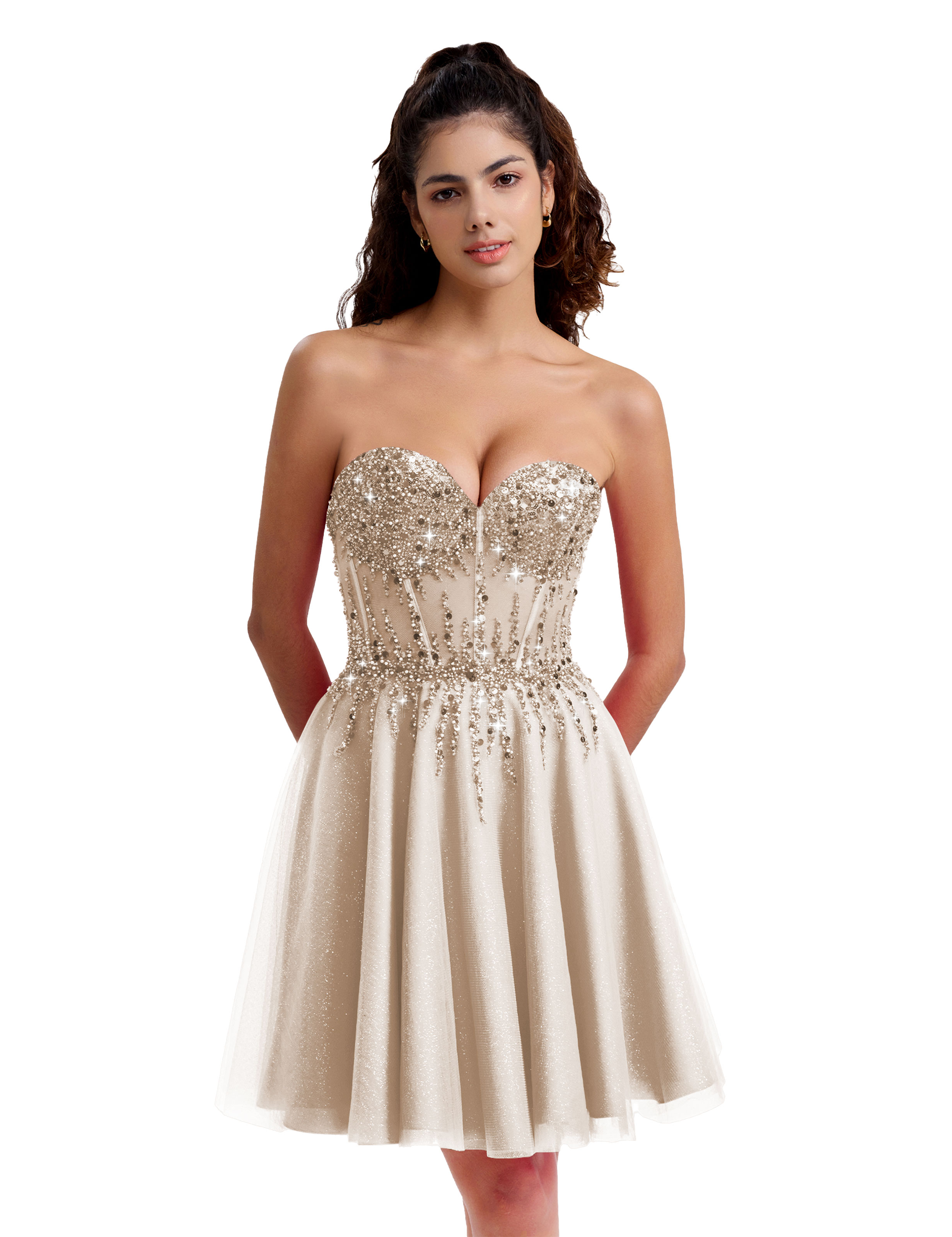 Sparkly A-line Sweetheart Tulle Beaded Party Homecoming Dress #HC2402135