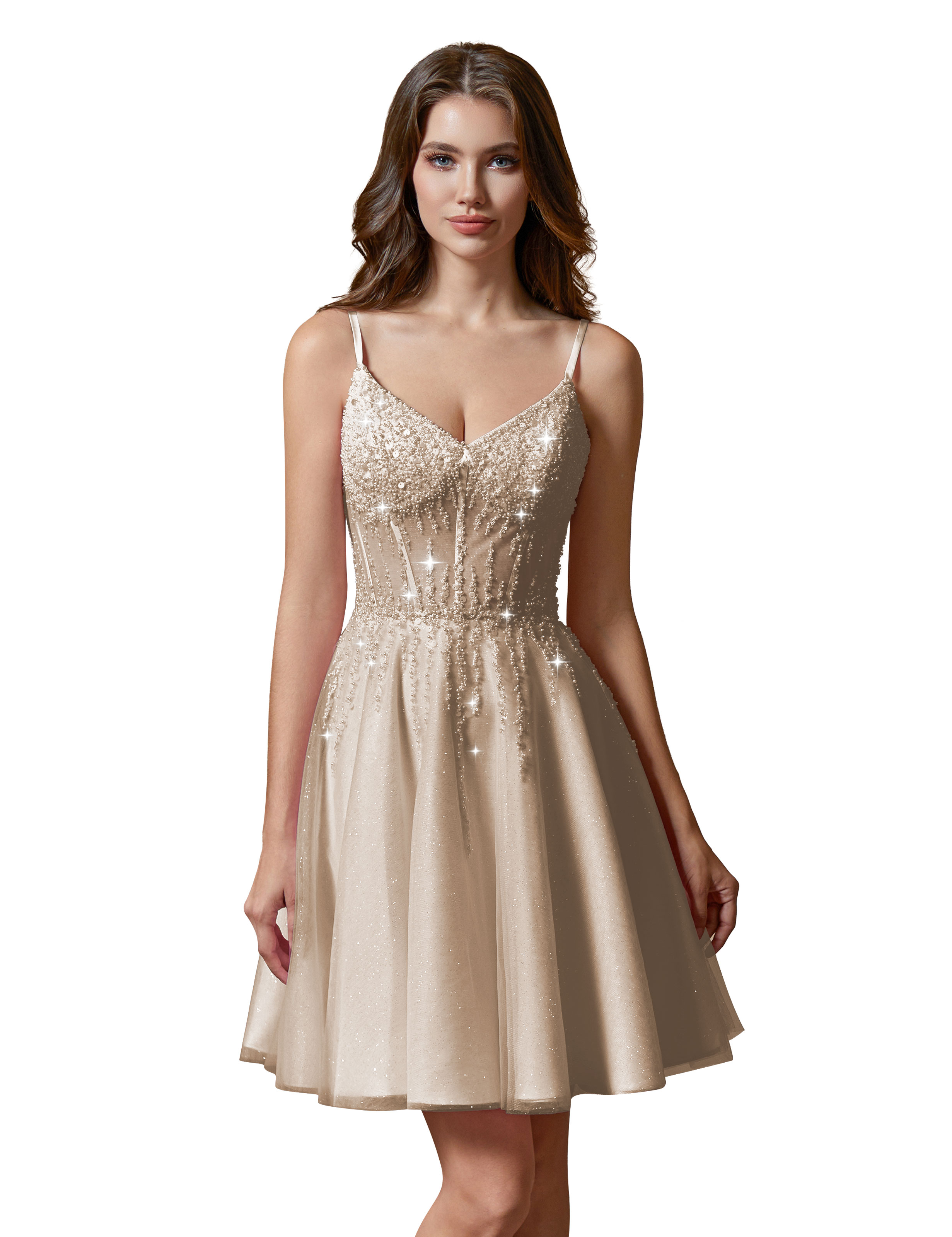 A-line V-Neck Sparkly Tulle Lace Appliques Homecoming Dress #HC2401738