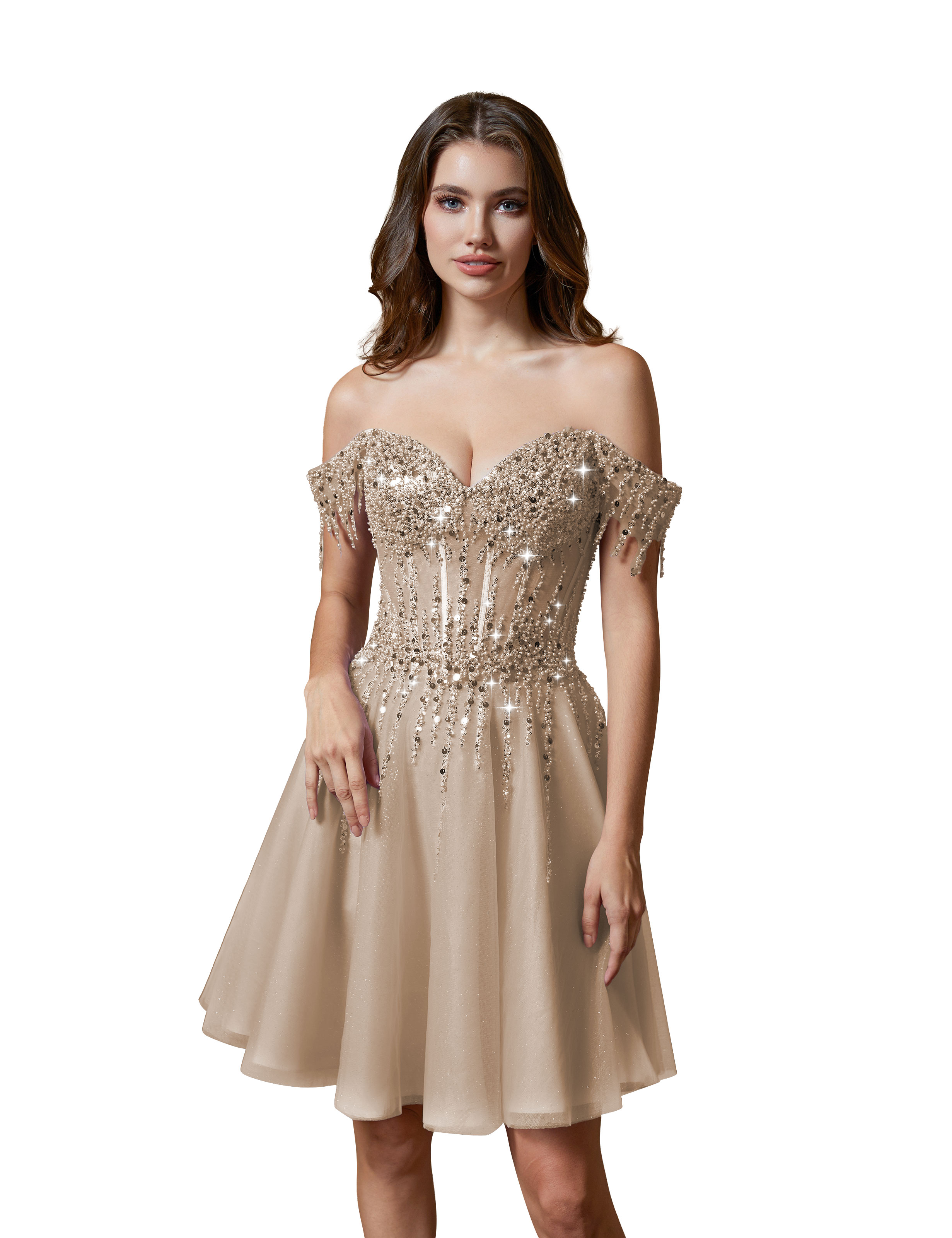 A-line Off Shoulder Lace Appliques Sparkly Sequin Tulle Homecoming Dress #HC2401169