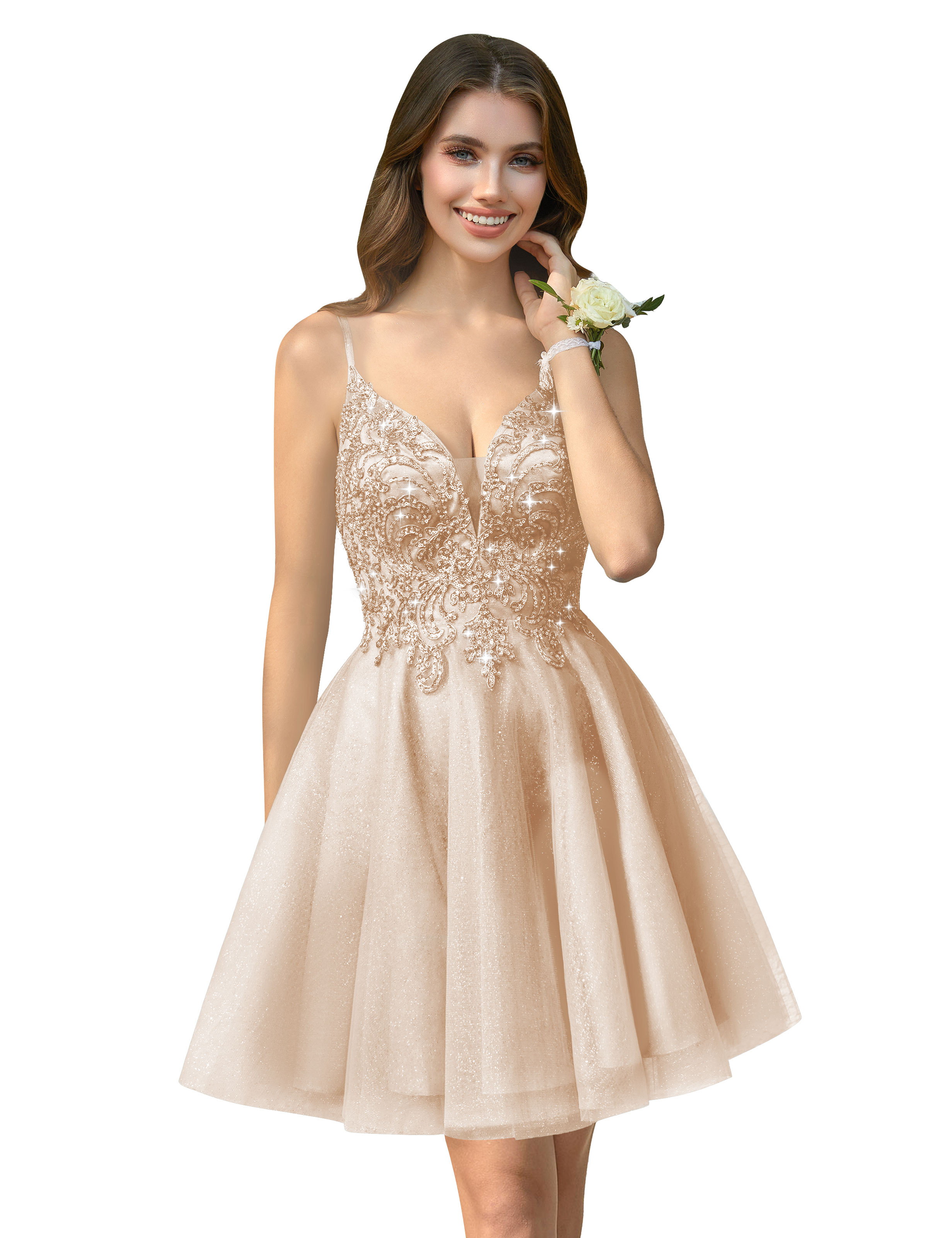 A-line V-neck Spaghetti Strap Sparkly Beaded Tulle Homecoming Dress #HC2401940
