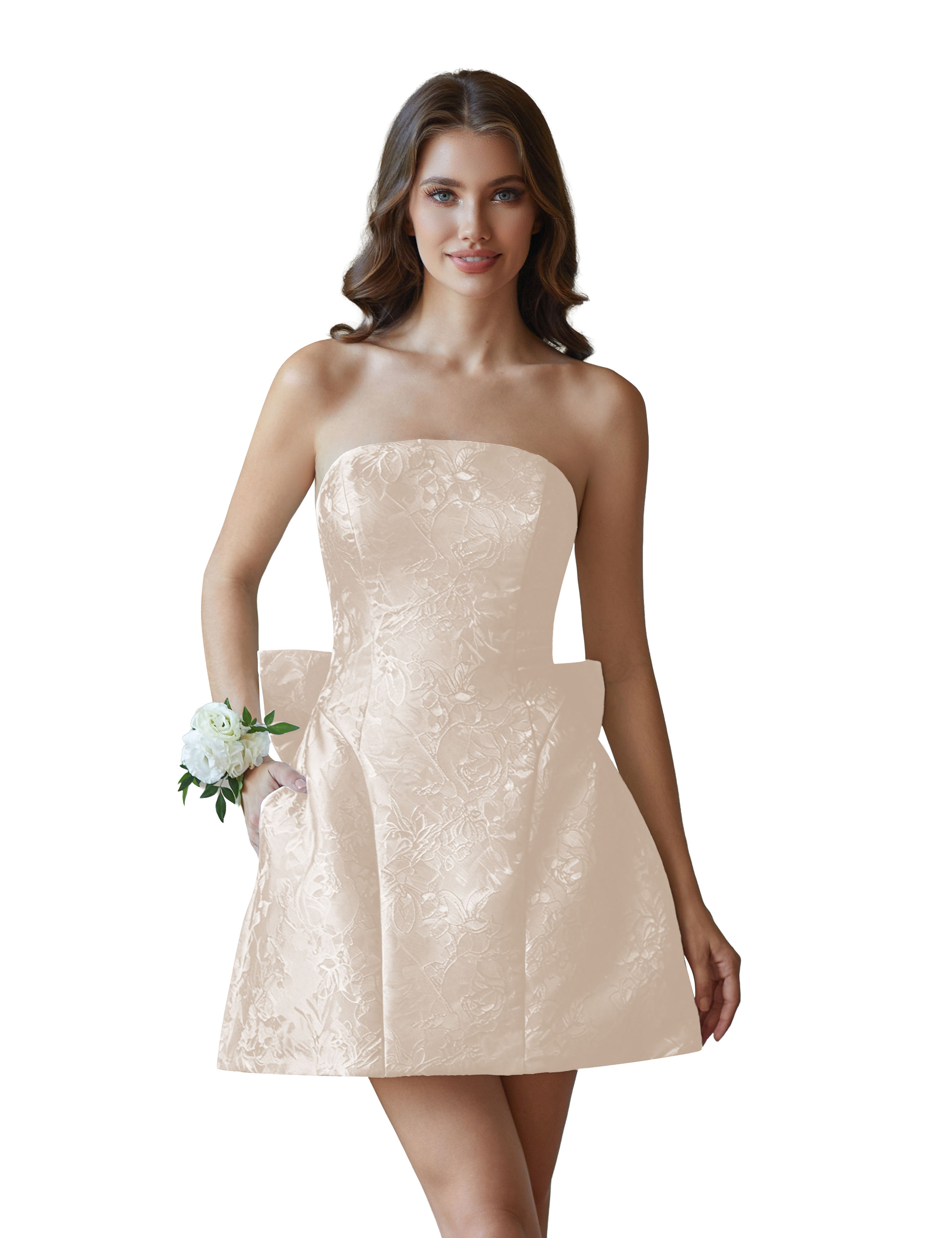 Jacquard Satin Mini Short Party Cocktail Prom Homecoming Dress with Bow Back #HC2401770
